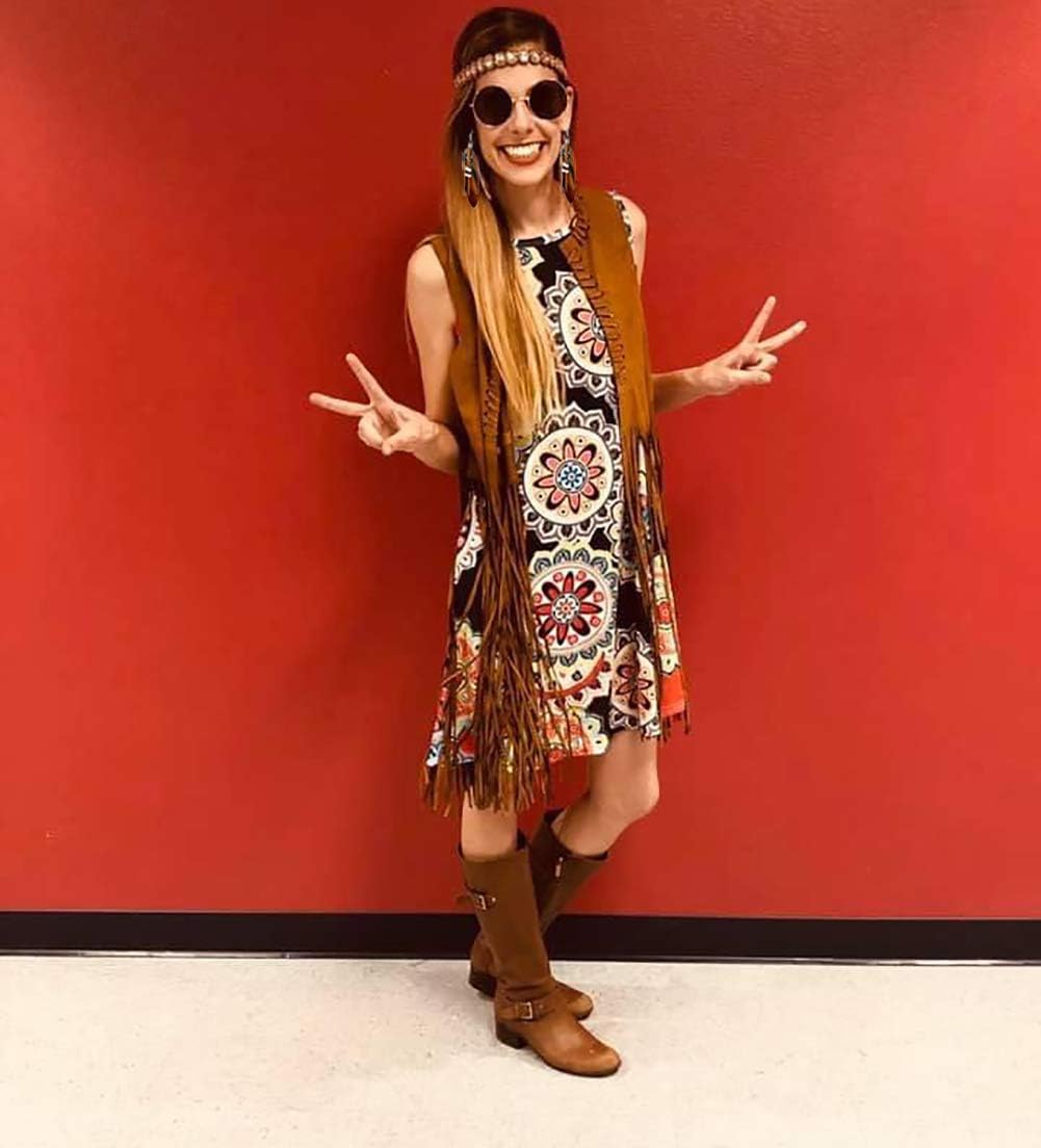 Detalle 1 de EVISWIY Brown Fringe Hippie Vest Costume Set with Faux Suede and Accessories