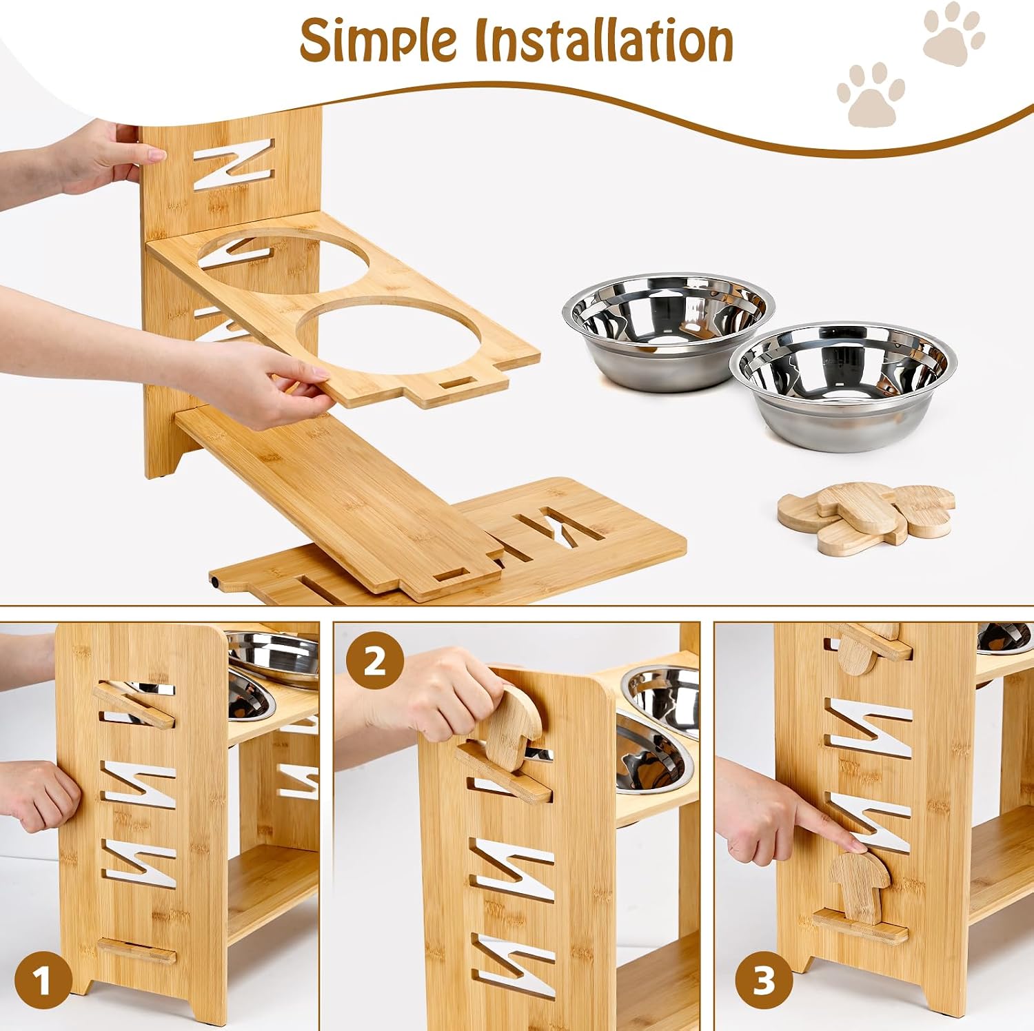 Detalle de Raised Dog Bowl: 6-Level Adjustable Bamboo Feeding Station with 2 Stainless Steel Bowls
