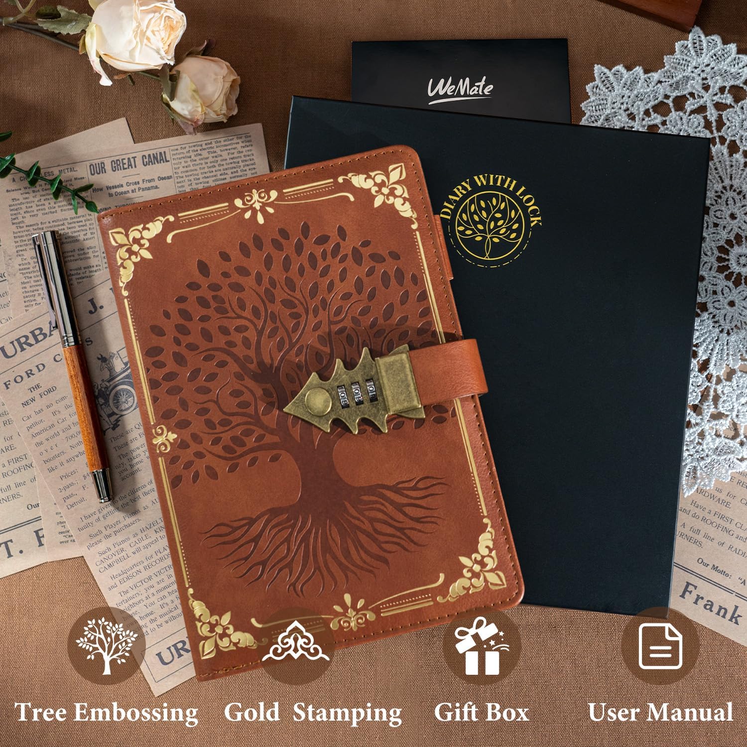 Thumbnail 3 de WEMATE verschließbares Tagebuch mit Schloss & Geschenkbox (A5, 260 Seiten, nachfüllbar) – Vintage Lock Journal, braun