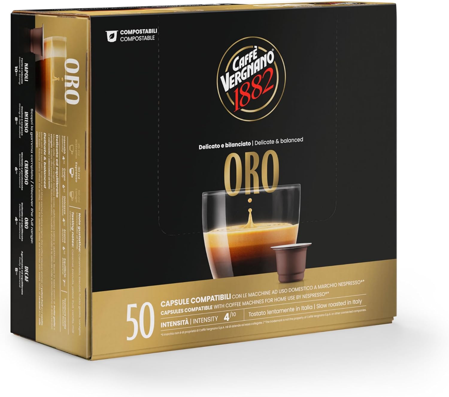 Detalle de Caffè Vergnano 1882 – 50 Capsule Oro: compatibile Nespresso ed Espresso1882, compostabili
