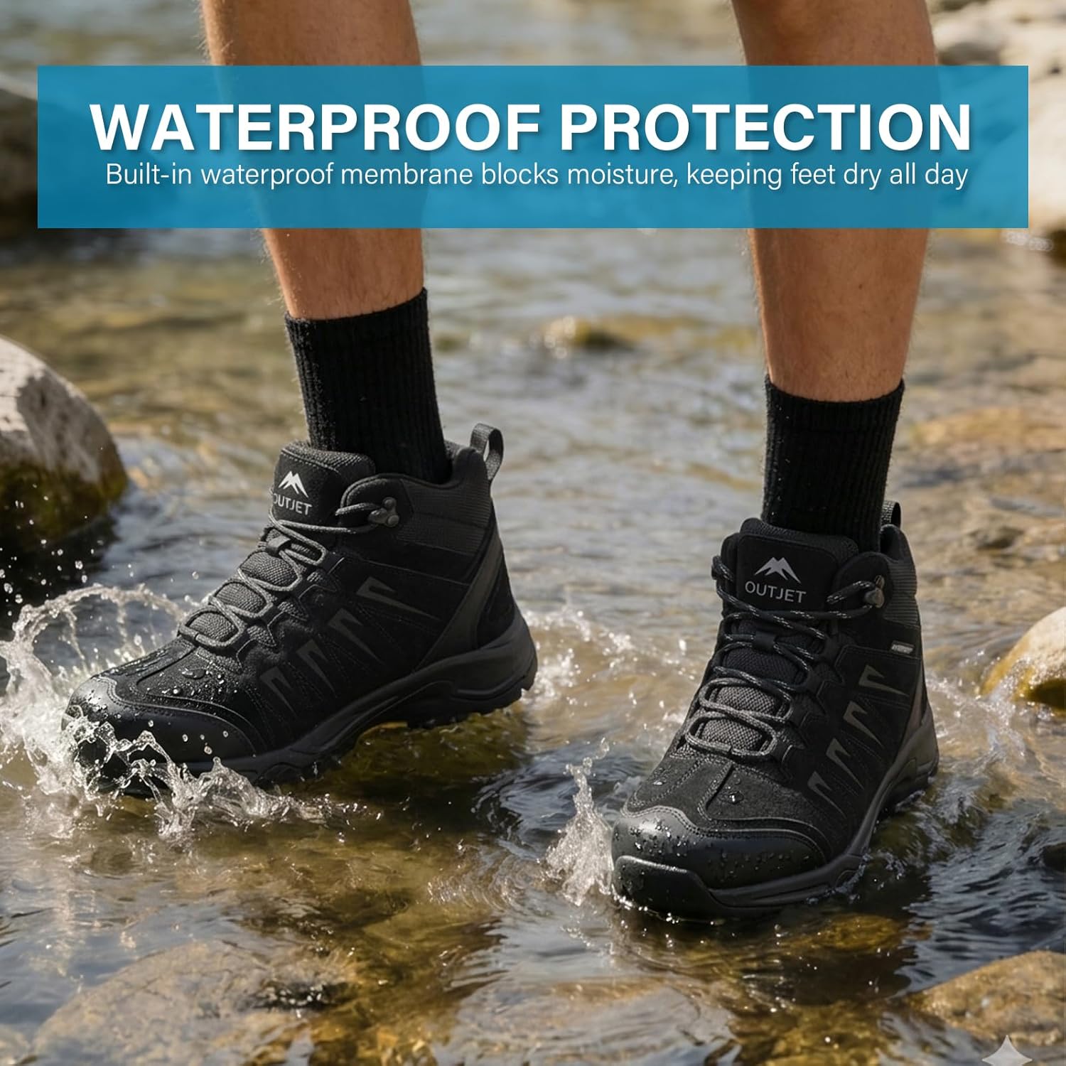 Detalle de OUTJET Men's Waterproof Hiking Boots: Lightweight, Durable Leather Mid Ankle Boots