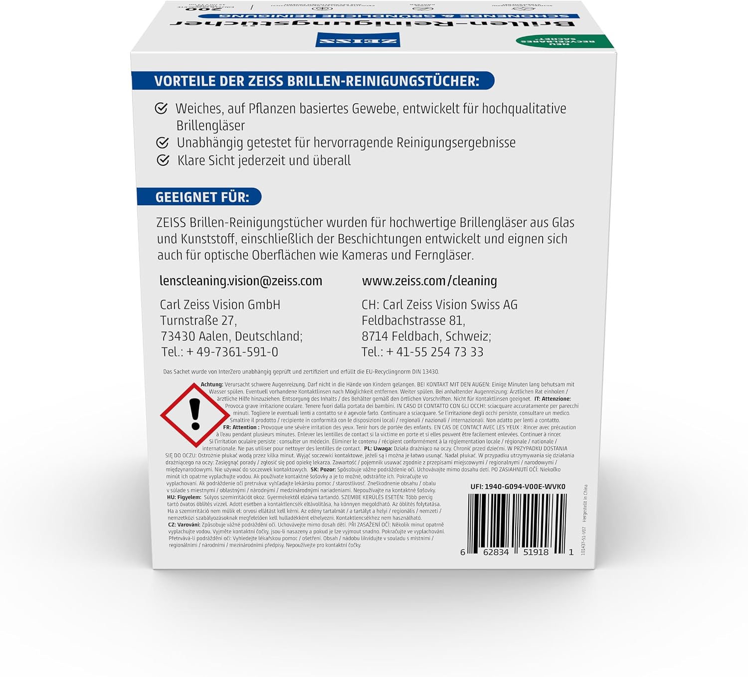 Detalle 1 de Zeiss 2802-162 rengöringsdukar för glasögon, 200 st, individuellt förpackade