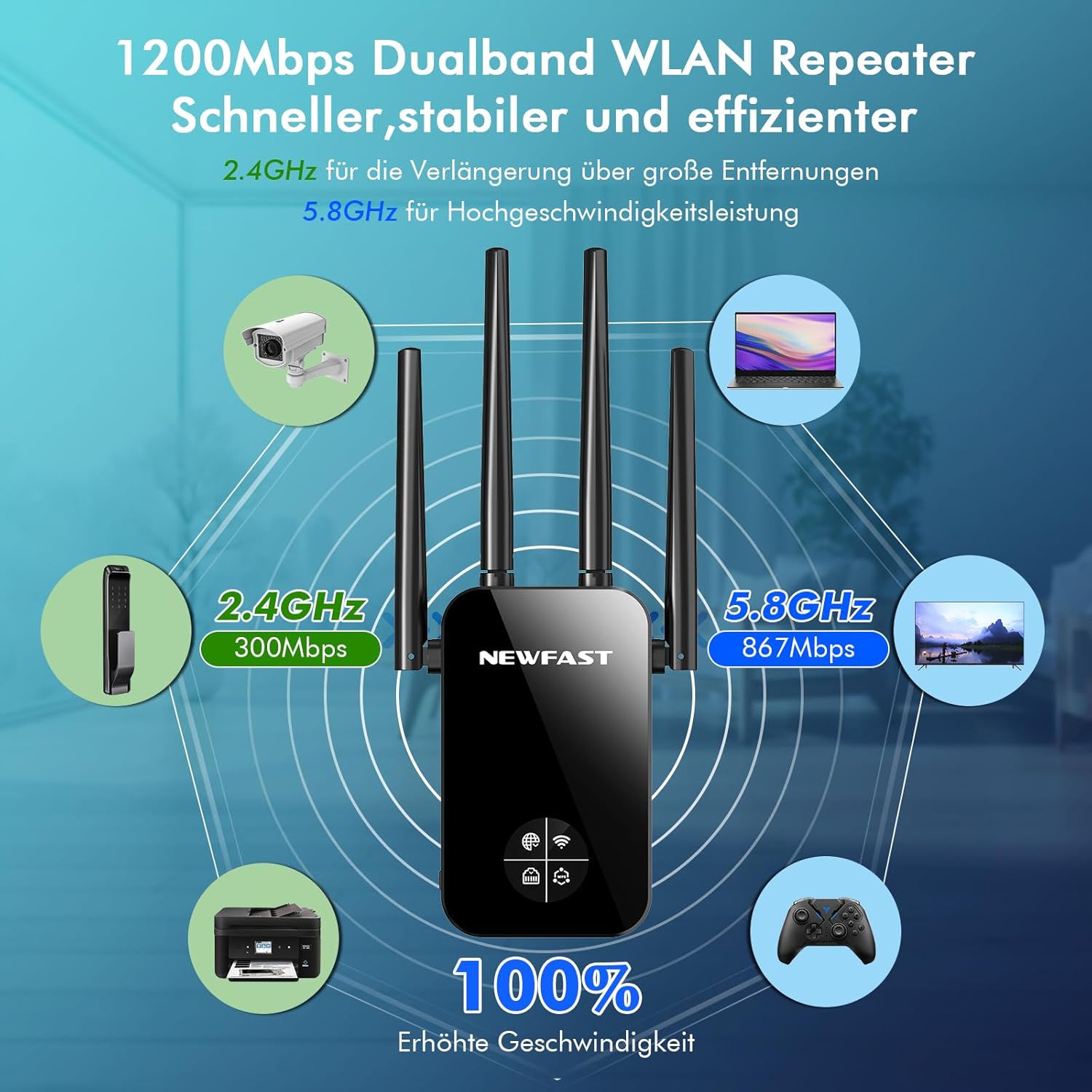 Detalle de NEWFAST WLAN Verstärker 1200 Mbps Dual-Band Repeater mit 4 schwenkbaren Antennen und WPS