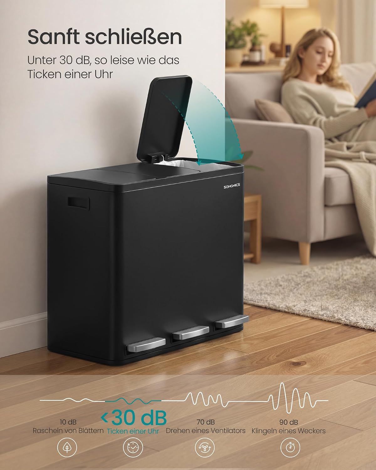 Detalle de SONGMICS Mülleimer Küche, 3 x 18 L – dreiteiliges Mülltrennsystem mit Pedal, Softclose-Lid und herausnehmbaren Inneneimern