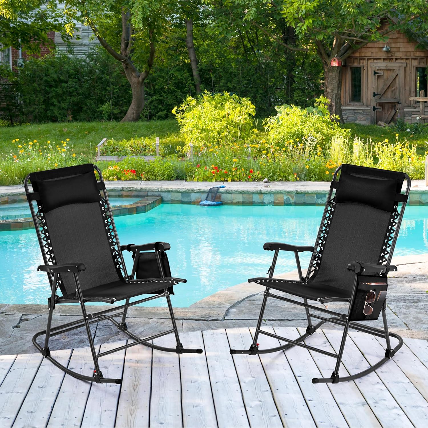 Thumbnail 1 de Yaheetech sedia a dondolo reclinabile pieghevole da esterno con portata 120 kg e braccioli (102 x 65,5 x 103 cm) – nero