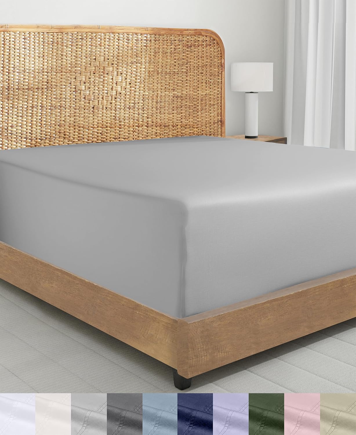 Detalle de California Design Den Organic Cotton Queen Fitted Sheet, 15-Inch Pocket, Percale, Light Grey