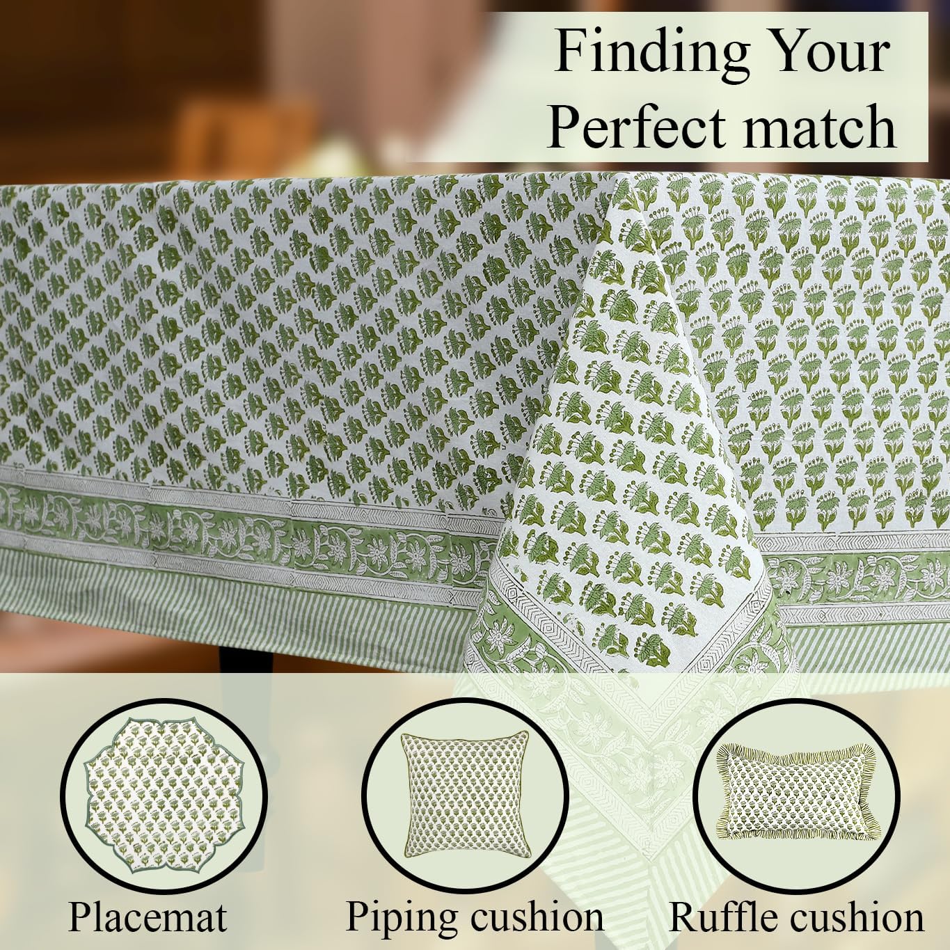 Thumbnail 6 de CPC Tablecloth 60x60 Inch 100% Cotton Indian Block Print Emerald Green Square Table Cover