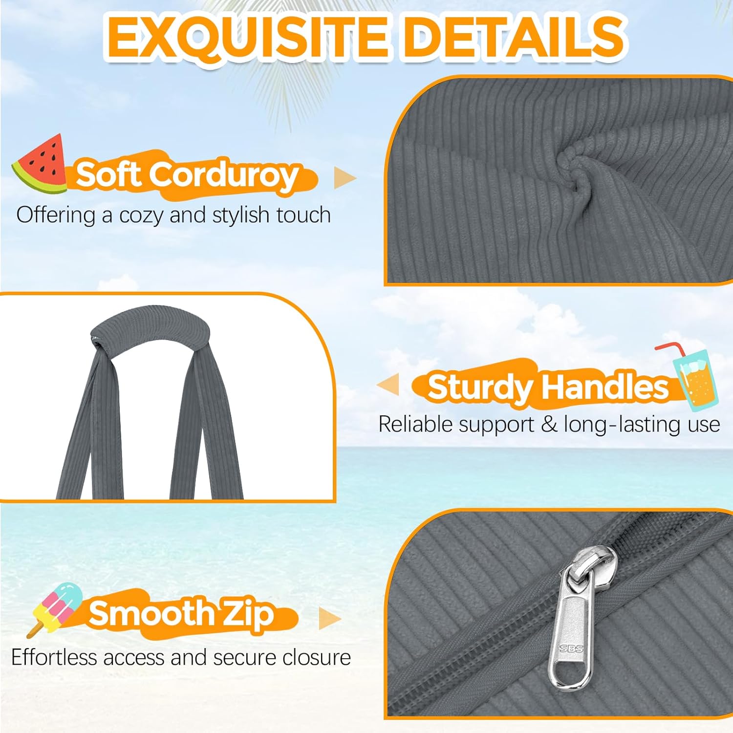 Detalle de TEUEN Große Strandtasche mit Reißverschluss, 45L – XXL Tote Bag aus Cordvelours für Strand, Einkauf und Alltag