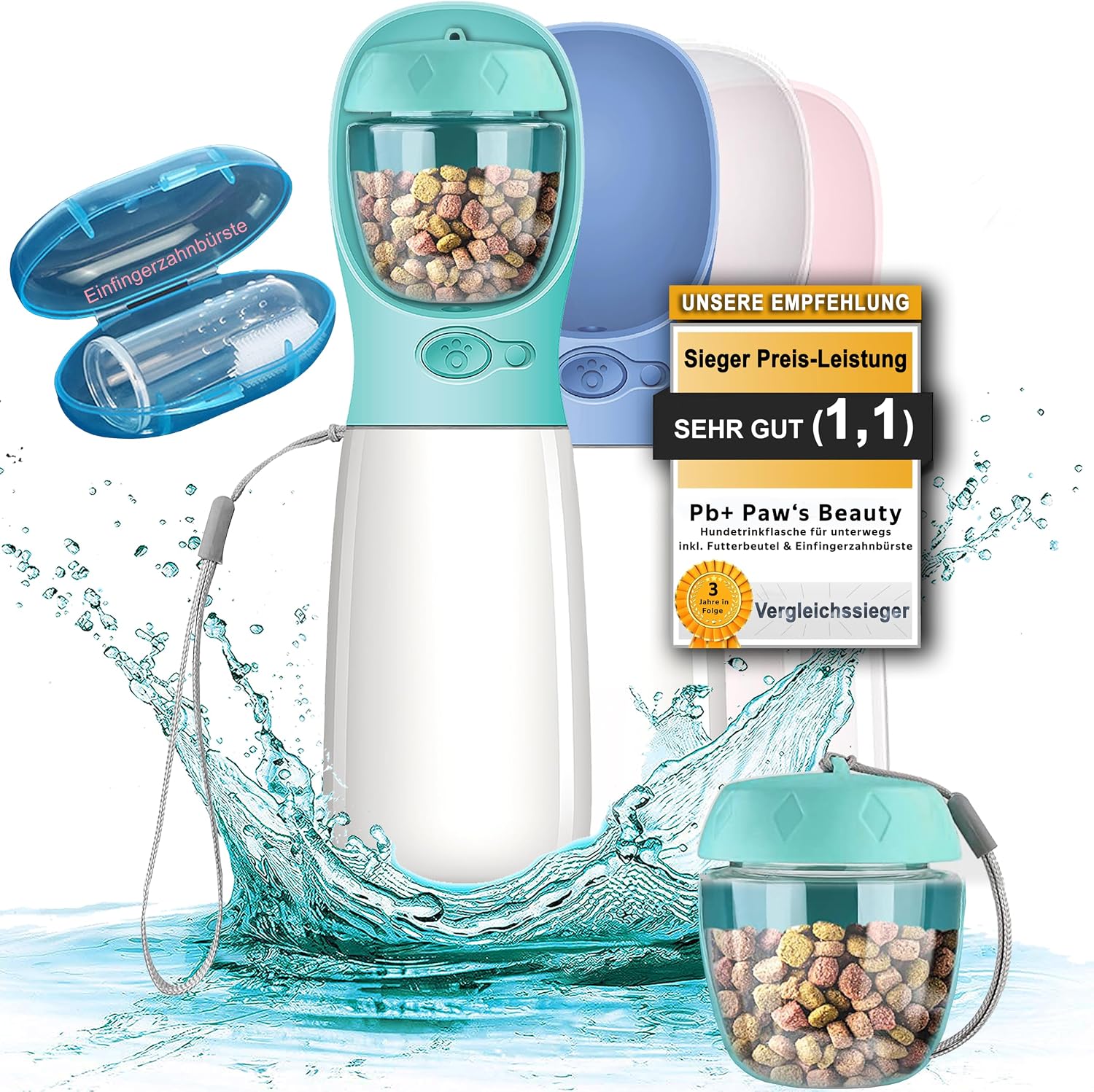 Detalle de Paws Elegance 550ml - Türkis hondendrinkfles met voerhouder, BPA-vrij