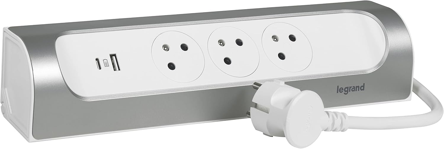 Thumbnail 4 de Legrand multiprise d’angle à câbler avec terre, 3 prises surface + USB-A/USB-C (blanc et alu)