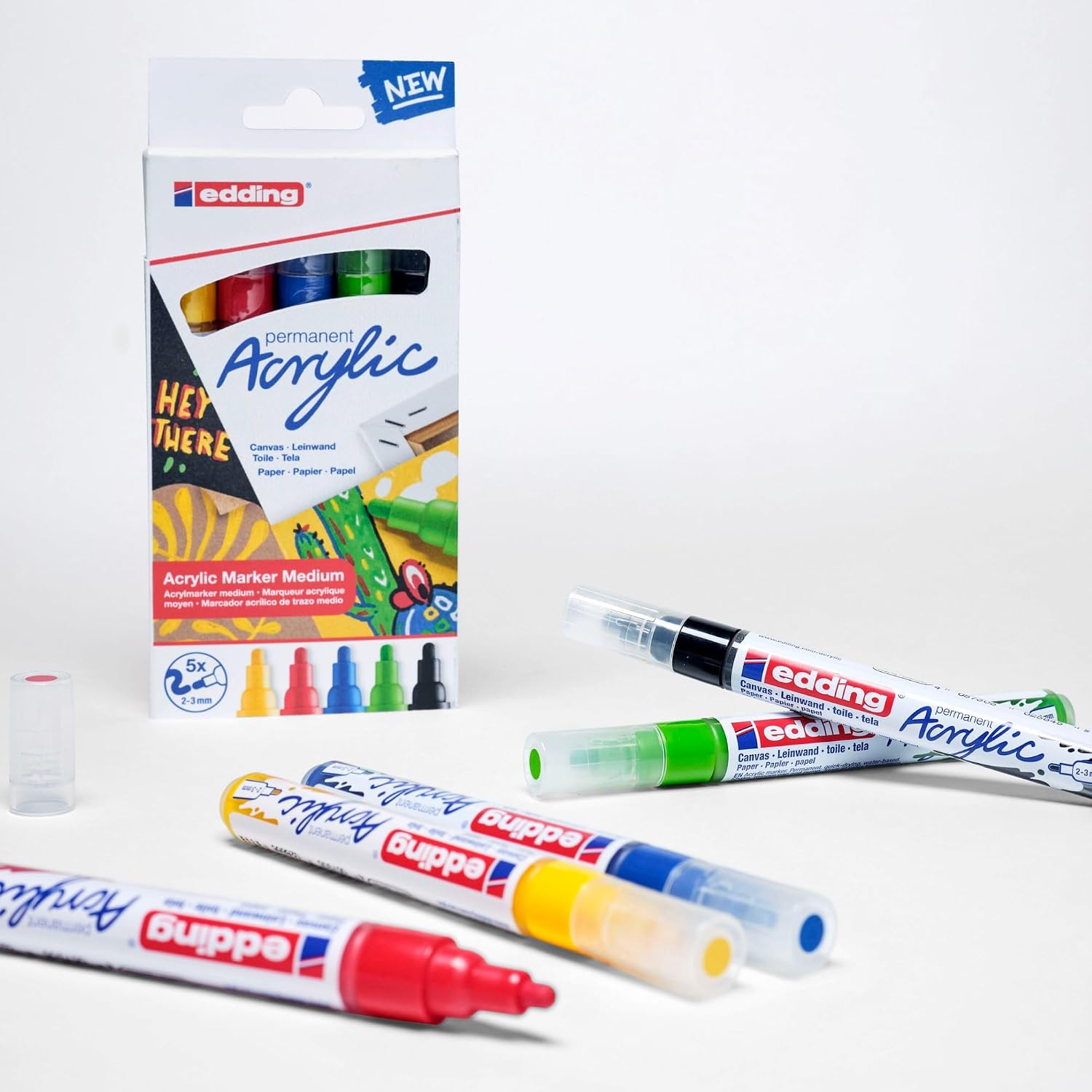 Detalle 2 de edding 5100 Marqueur acrylique 5 couleurs (noir, rouge, bleu, jaune, vert jaune) pointe ronde 2–3 mm
