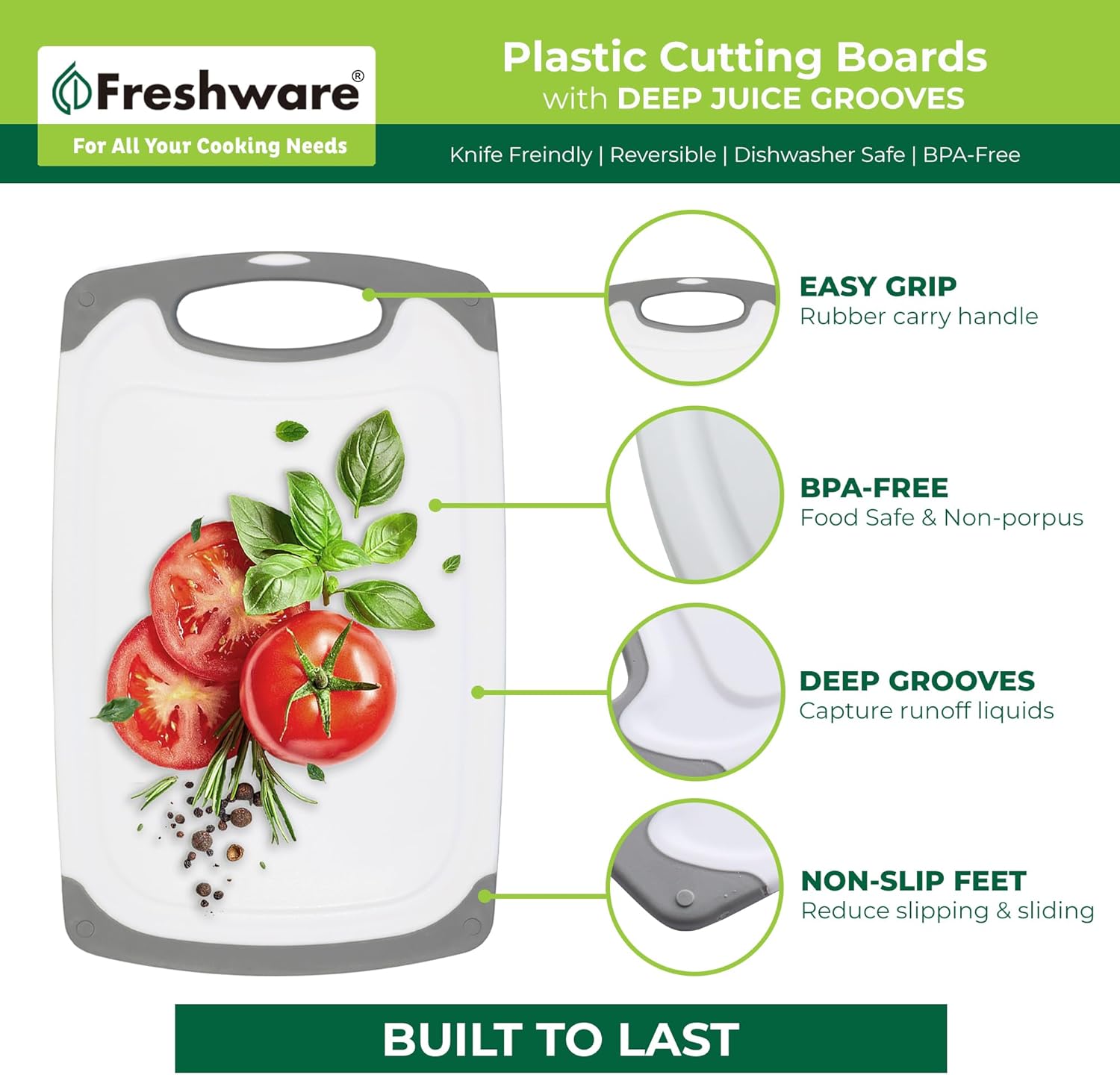Thumbnail 4 de Freshware Kitchen Cutting Boards (3-Pack) with Juice Grooves, Non Slip Handles, Reversible & Dishwasher Safe (Gray)
