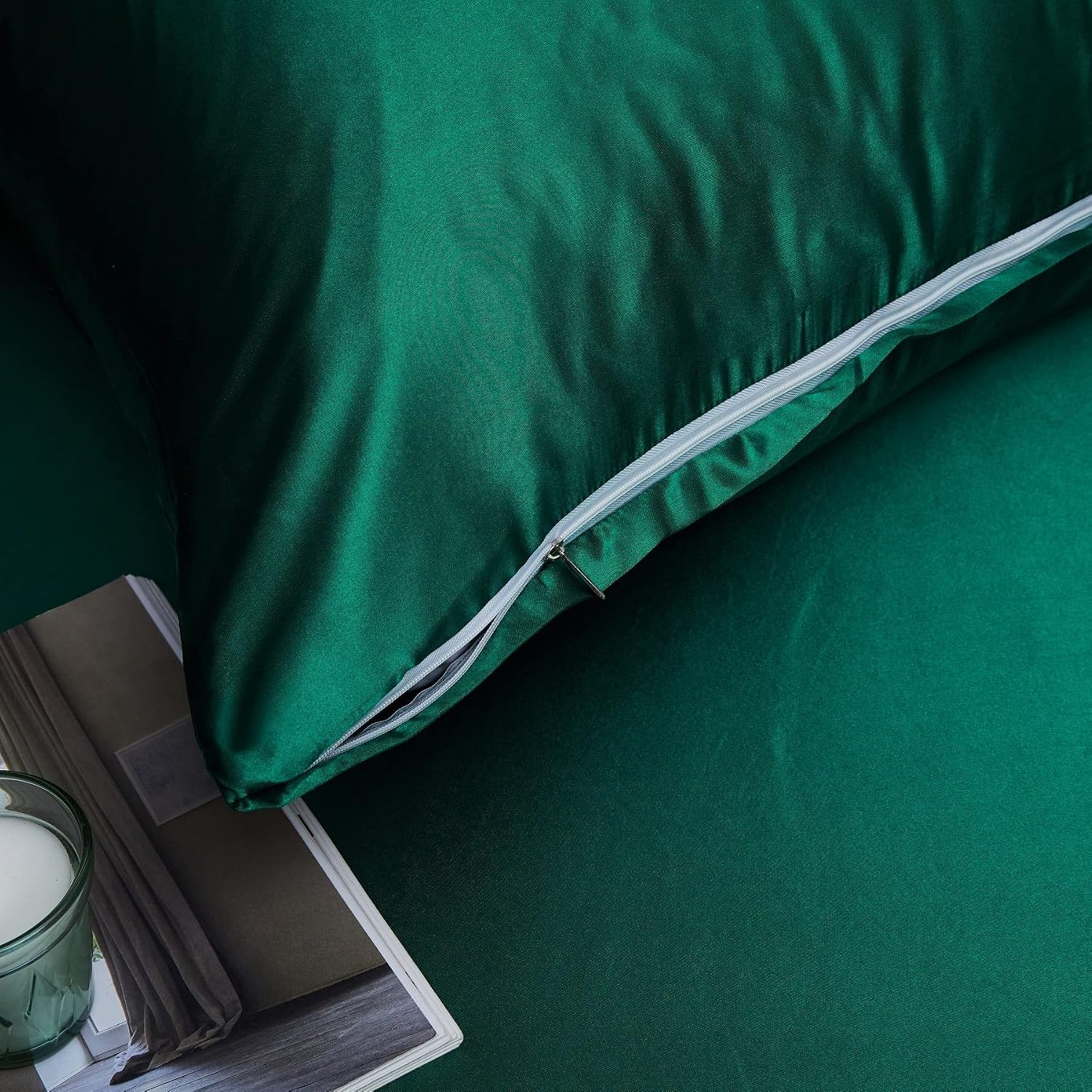 Detalle de Luofanfei Housse de Couette 240x260 Vert foncé Satin – Parure Unie 2 Personnes avec 2 Taies 65x65 cm