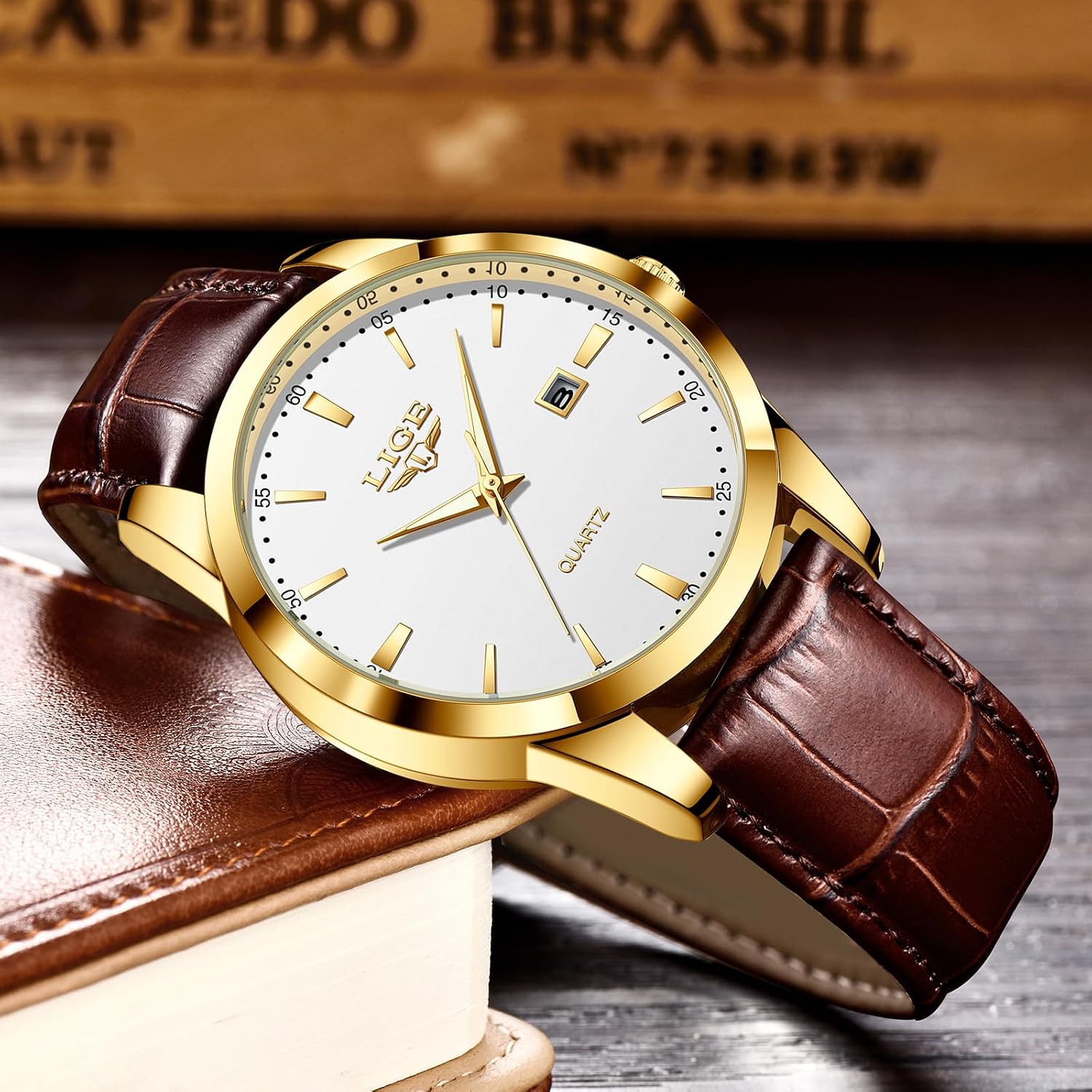 Detalle de LIGE Mens Watches Waterproof Analogue Vintage Quartz with Date, Brown Leather – Gold/White