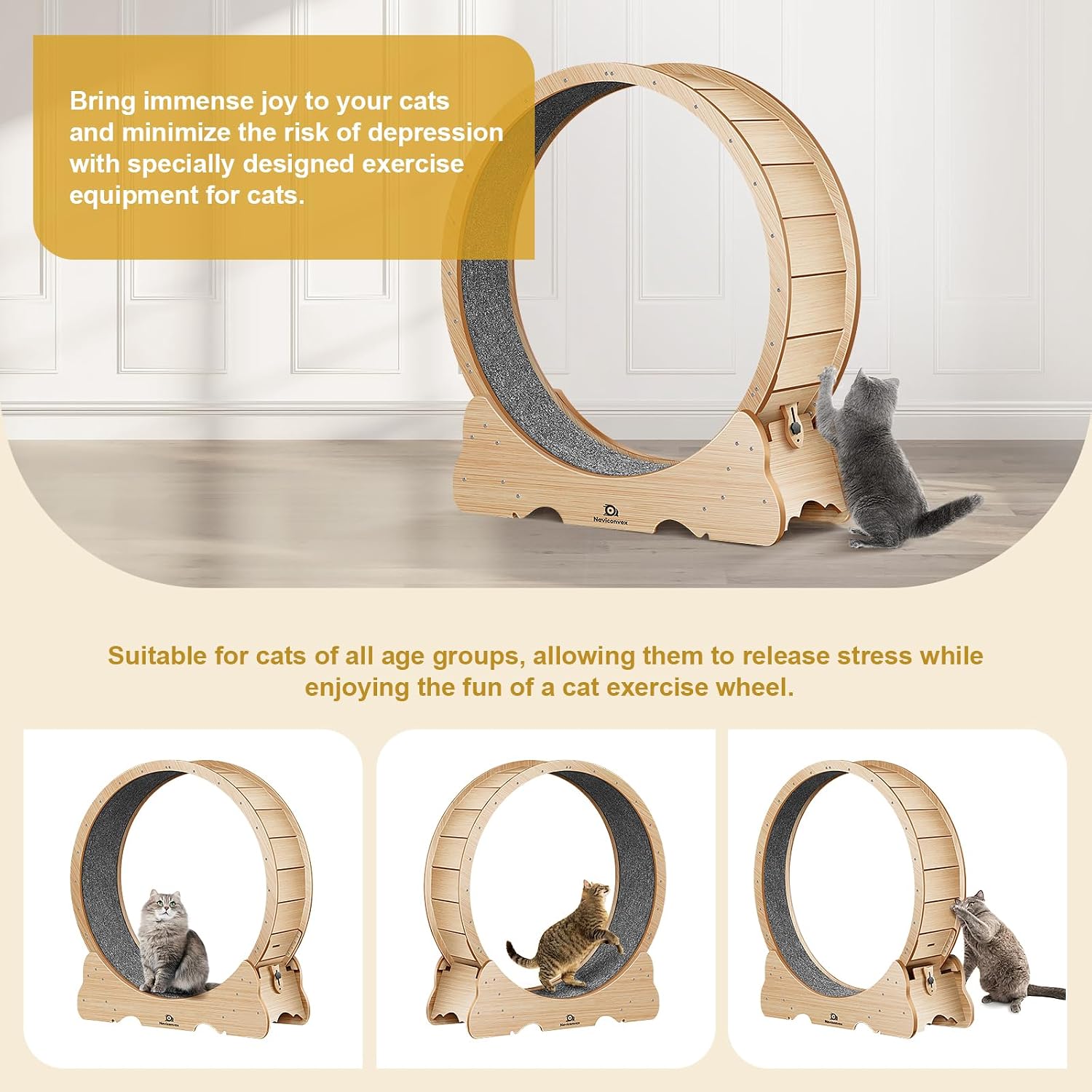 Detalle de Naviconvex Cat Running Wheel XL, 46-Inch Wooden Exercise Wheel with Detachable Carpet