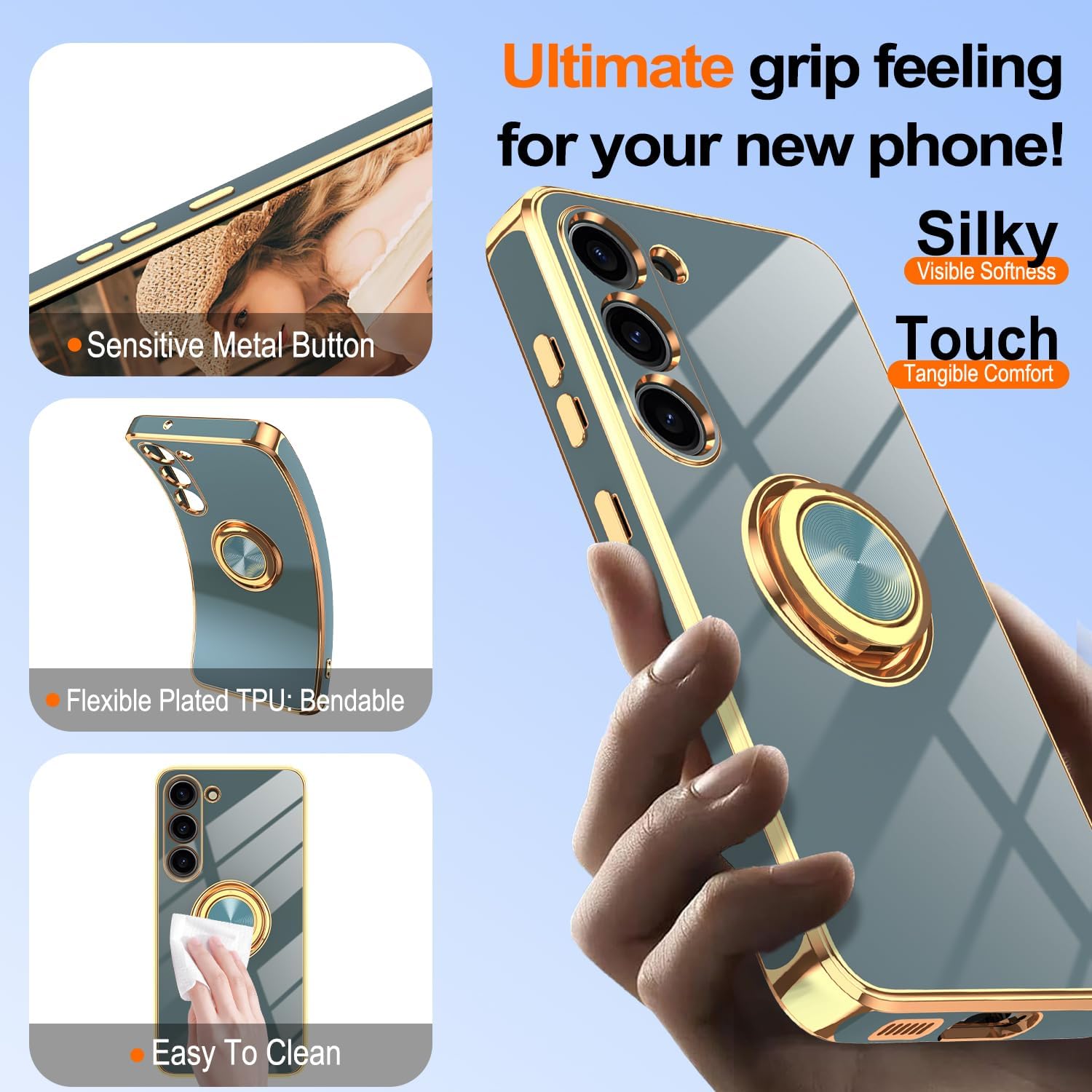 Detalle de Gritup Slim Fit Case for Samsung Galaxy S23 with Built-in Ring Kickstand and 2 Screen Protectors (S23-Gray)