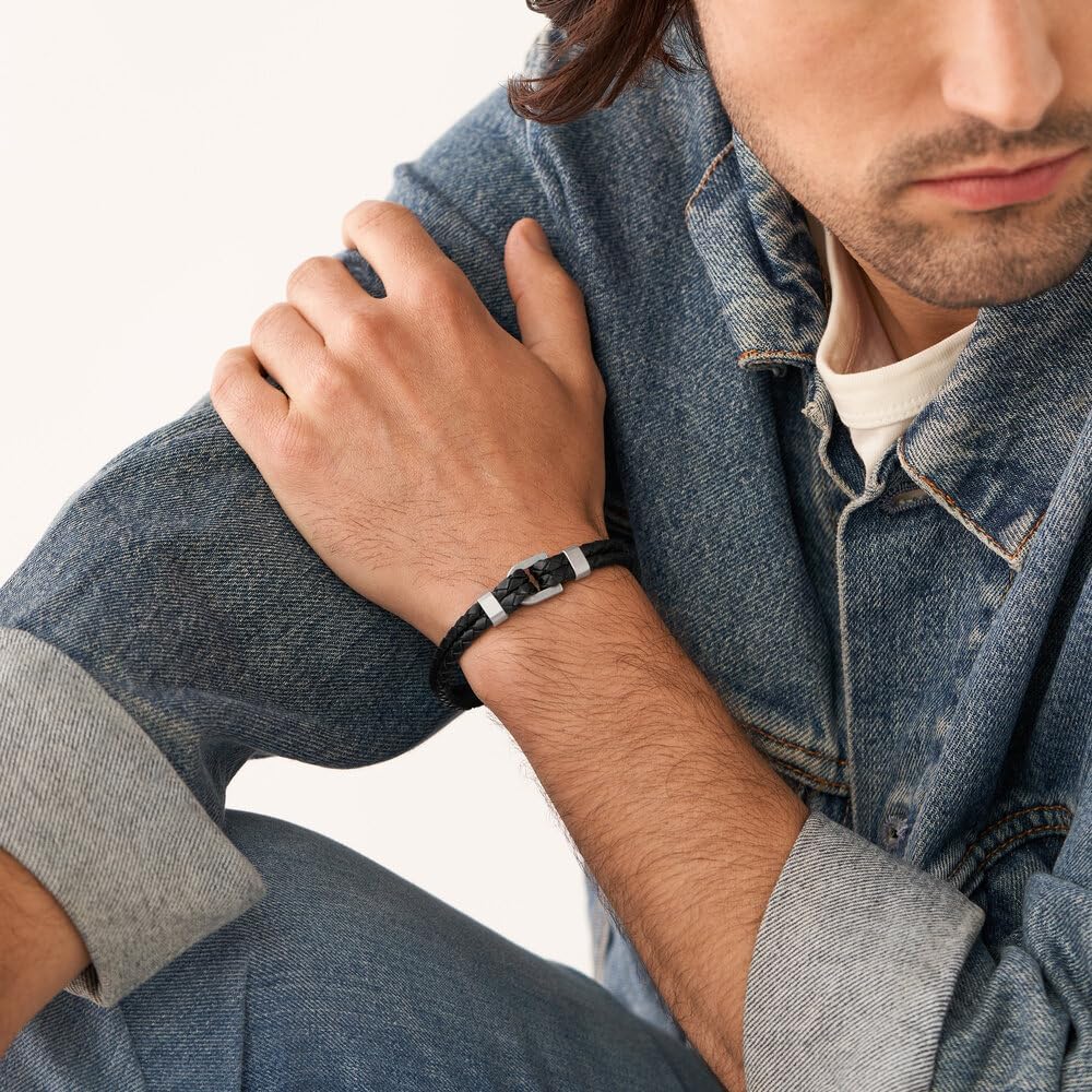Thumbnail 1 de Fossil bracciale da uomo in pelle con chiusura magnetica, argento lucido