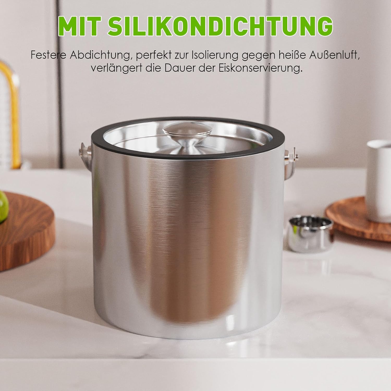 Thumbnail 3 de 3,2 L Eiswürfelbehälter mit Deckel und Zange – doppelwandig, vakuumisoliert, Edelstahl, inklusive Sieb