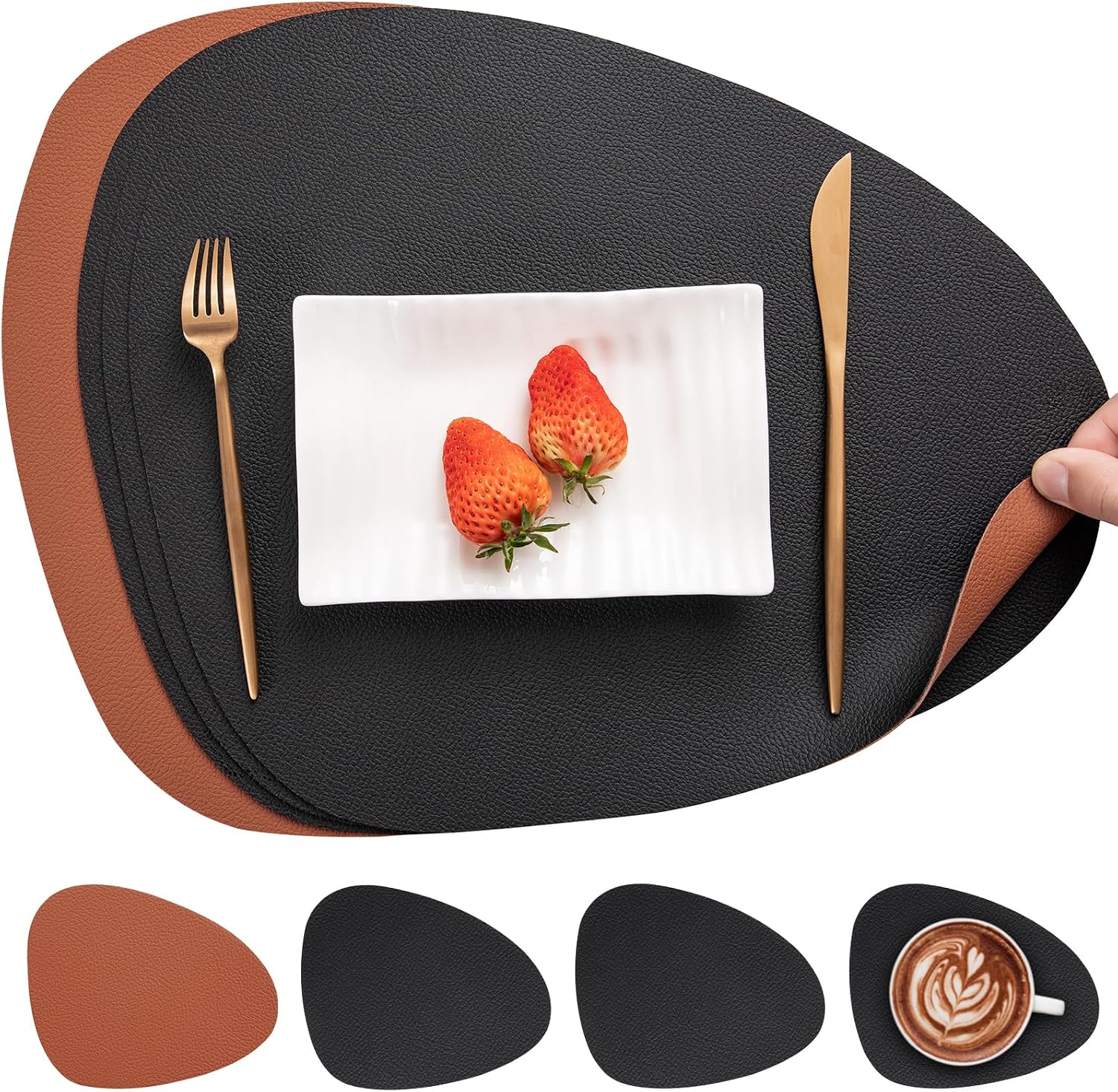 Thumbnail 6 de Myir JUN Set de table double face antidérapant imperméable – Lot de 6 avec dessous de verre (gris/noir)