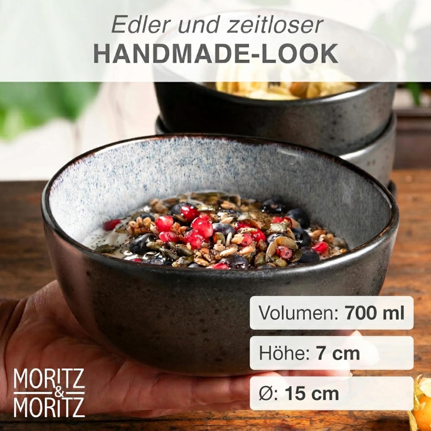 Detalle de Moritz & Moritz ORGANIC Müslischalen Set 6-teilig Grau – Steingut-Schalen mit Farbverlauf, ca. 500 ml