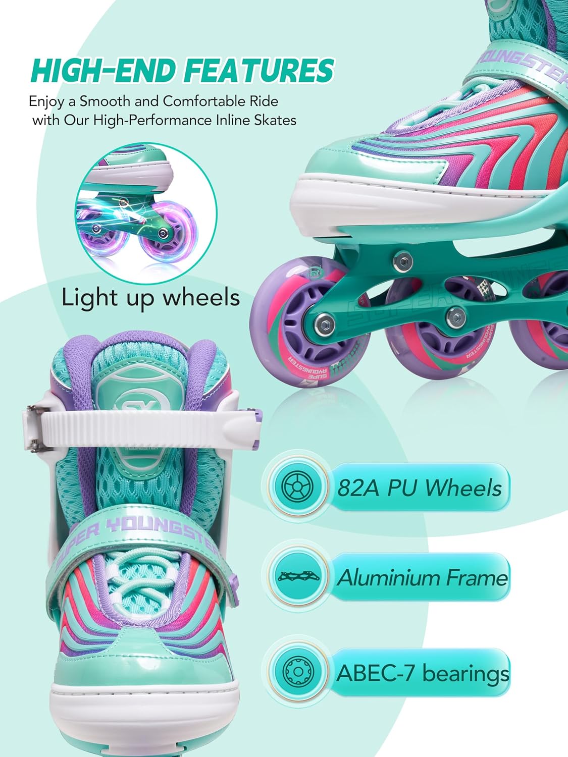 Thumbnail 3 de SUPER YOUNGSTER Adjustable Light Up Inline Skates for Kids (Ages 4-12)
