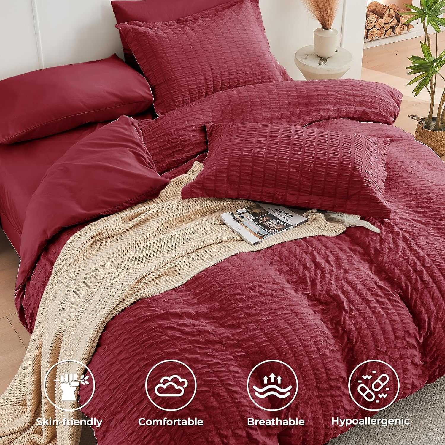Thumbnail 2 de HYMOKEGE 7-Piece King Seersucker Duvet Set in Burgundy