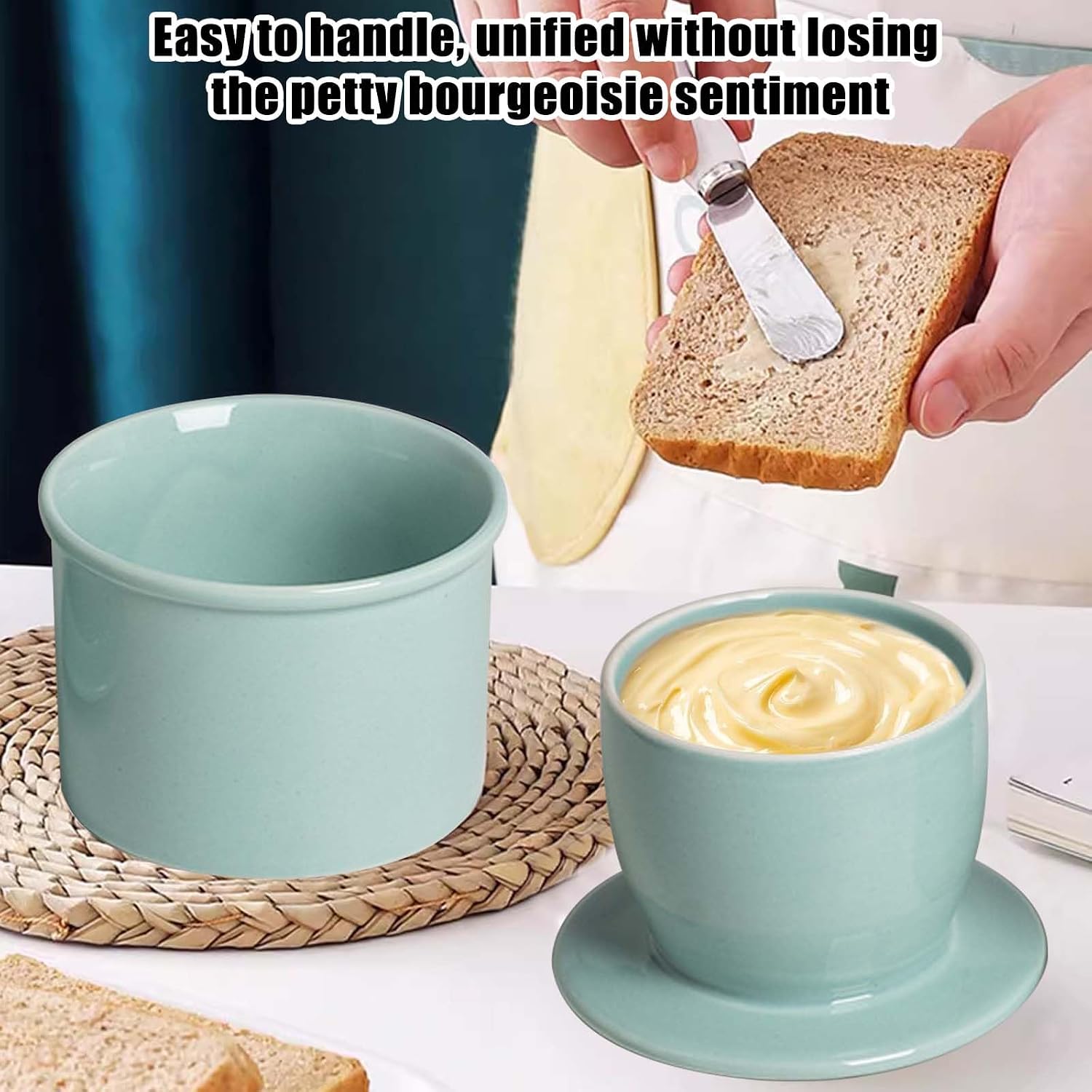 Detalle de BAIFULAI Französische Butterdose Franse botervloot van keramiek, lichtblauw