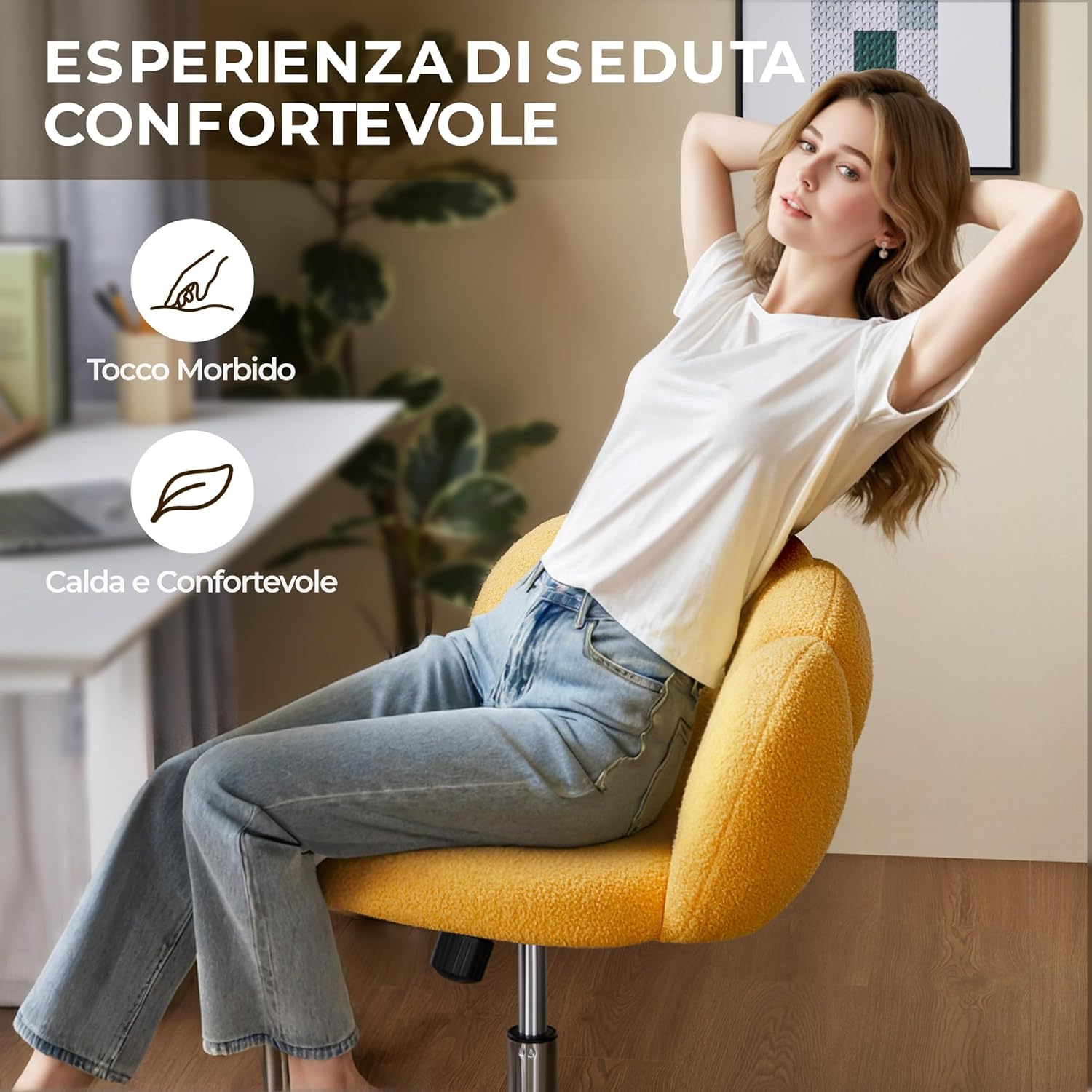 Thumbnail 3 de Yaheetech Sedia da ufficio con schienale a “nuvola” in tessuto bouclé, senza braccioli, altezza regolabile giallo