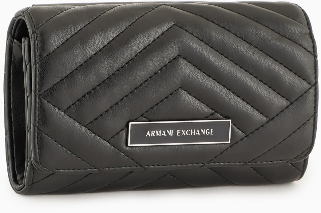 Thumbnail 3 de Armani Exchange Chaîne pour Femme – Portefeuille en cuir matelassé noir avec logo en relief