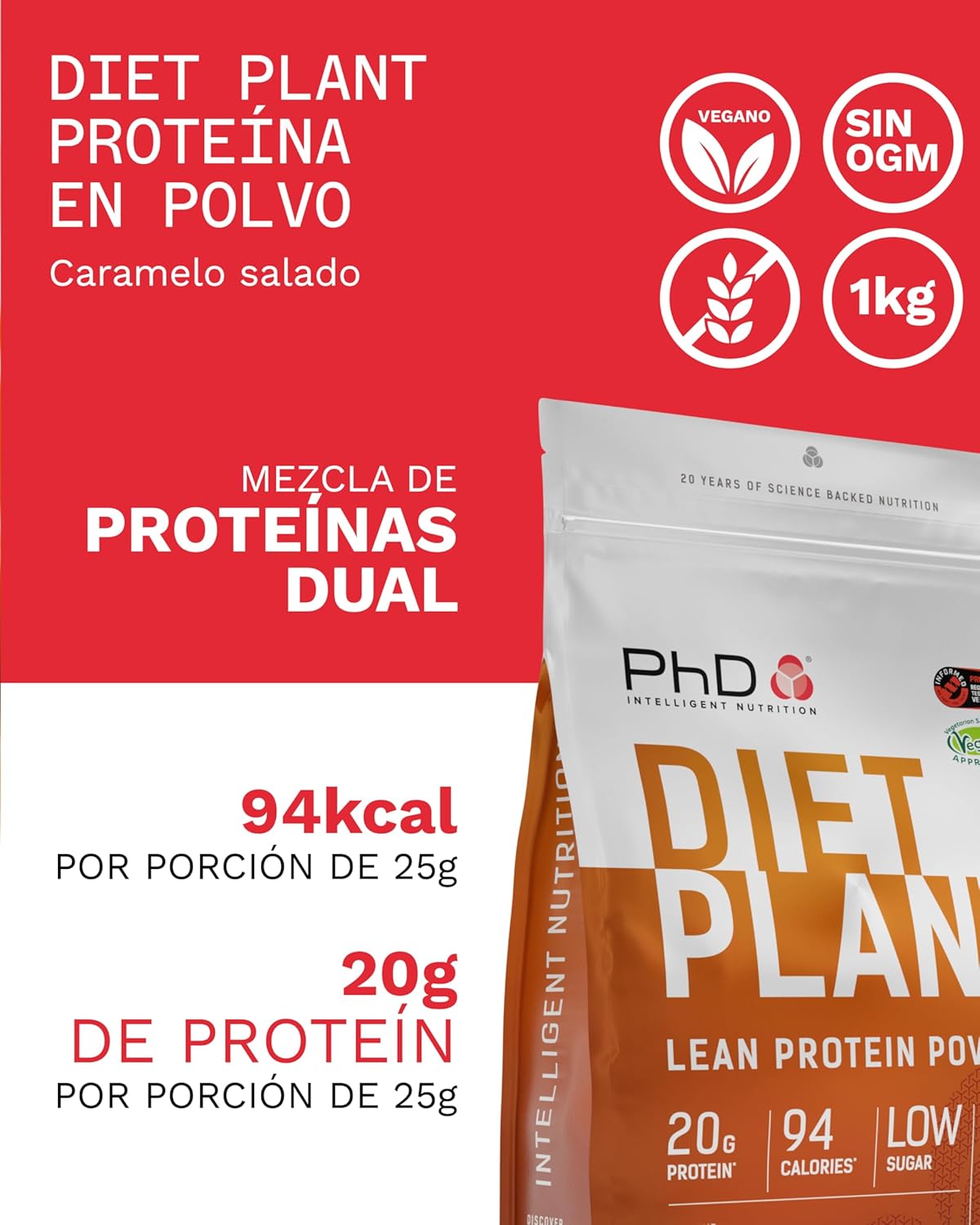 Detalle 1 de PhD Nutrition Diet Plant Proteína Vegana en Polvo 1kg 🍬