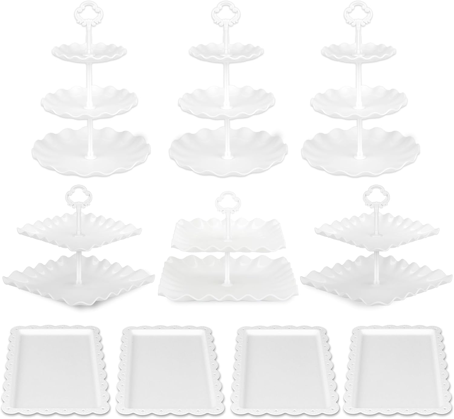 Detalle 2 de NWK Pack of 10 Cake Stand Set (Two-Tier & Three-Tier Cupcake Stands + Appetizer Trays) in White