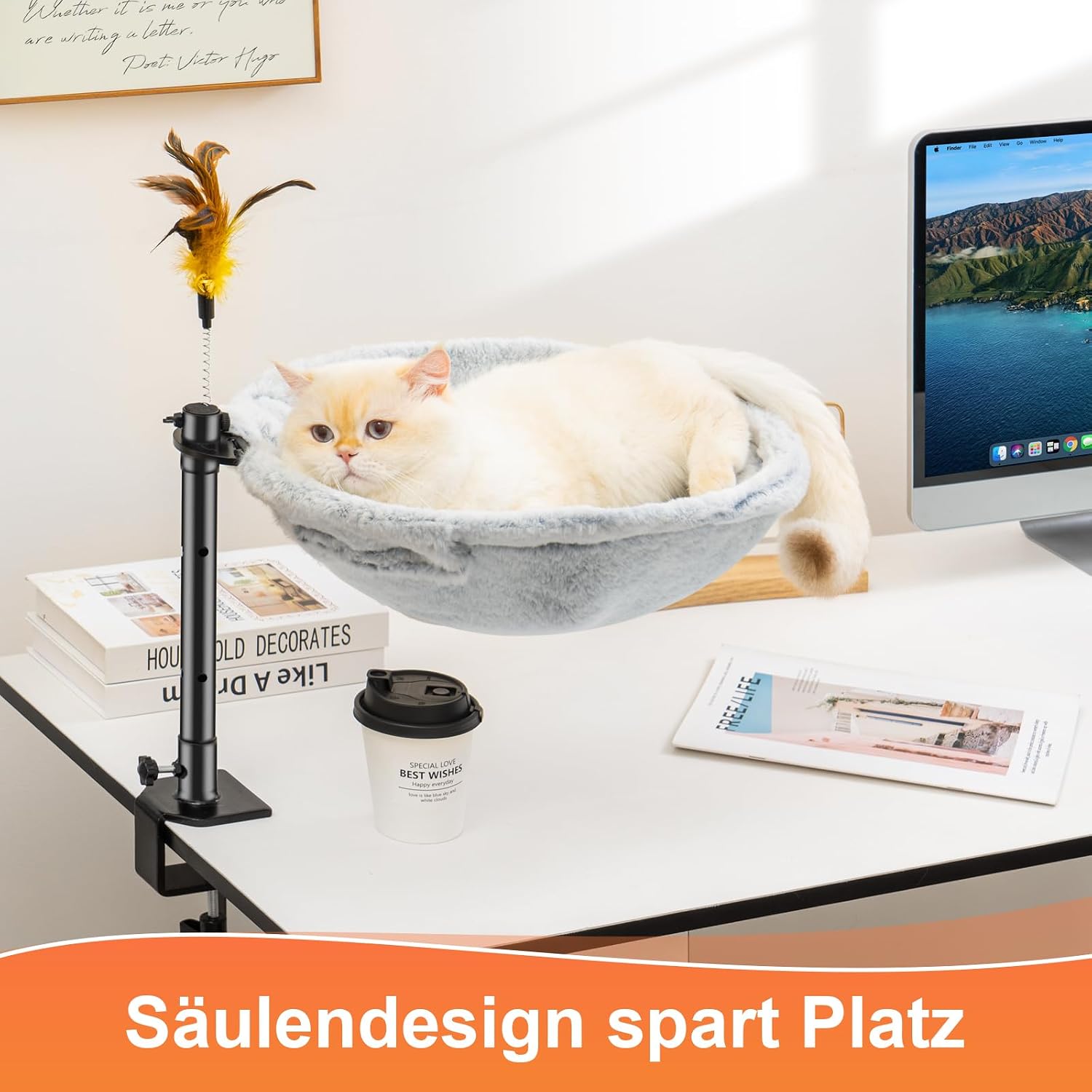Detalle de Uross Cat Bed for Desk – 360° Rotatable Cat Hammock Bed (LightGrey)