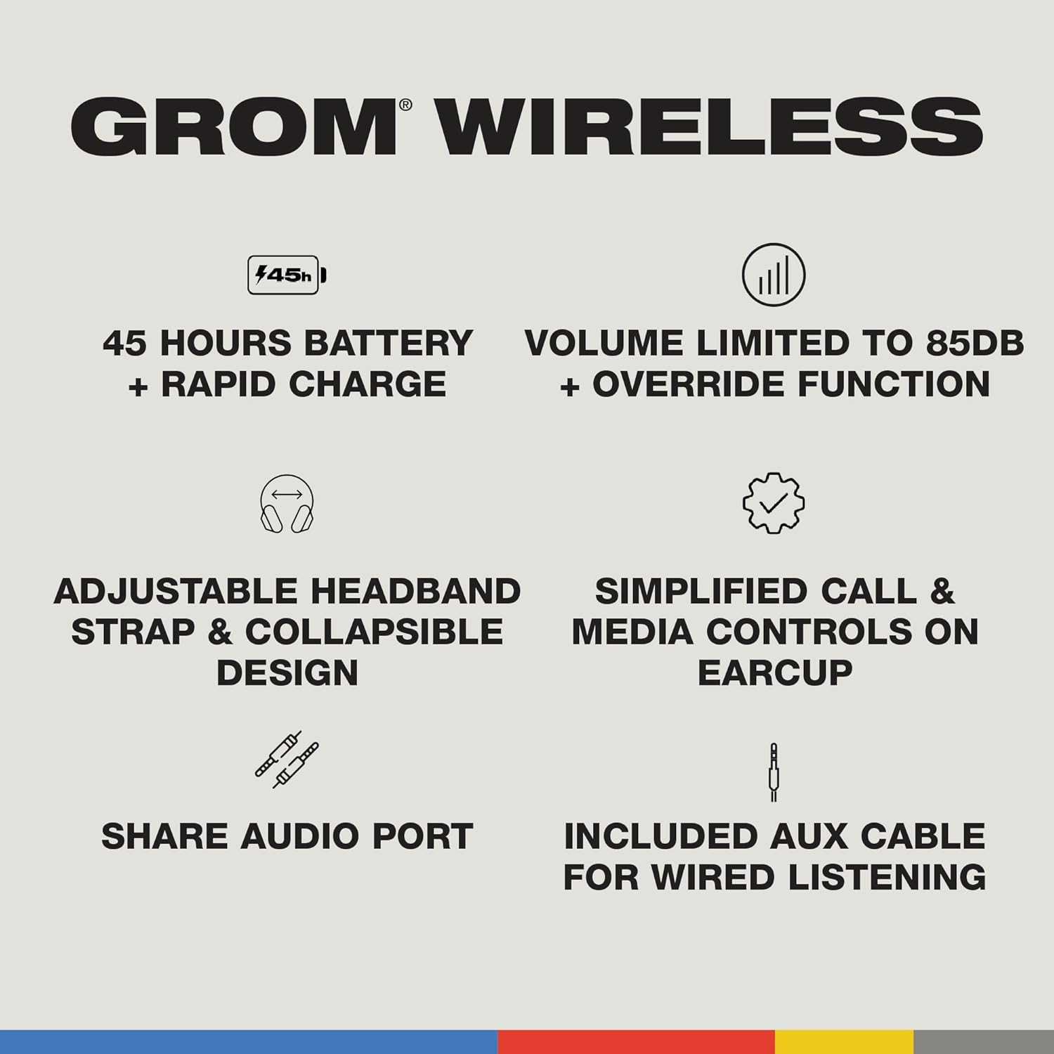 Detalle 2 de Skullcandy Grom Over-Ear Wireless-Kopfhörer (45 Std. Akkulaufzeit) mit Lautstärkebegrenzung – Schwarz