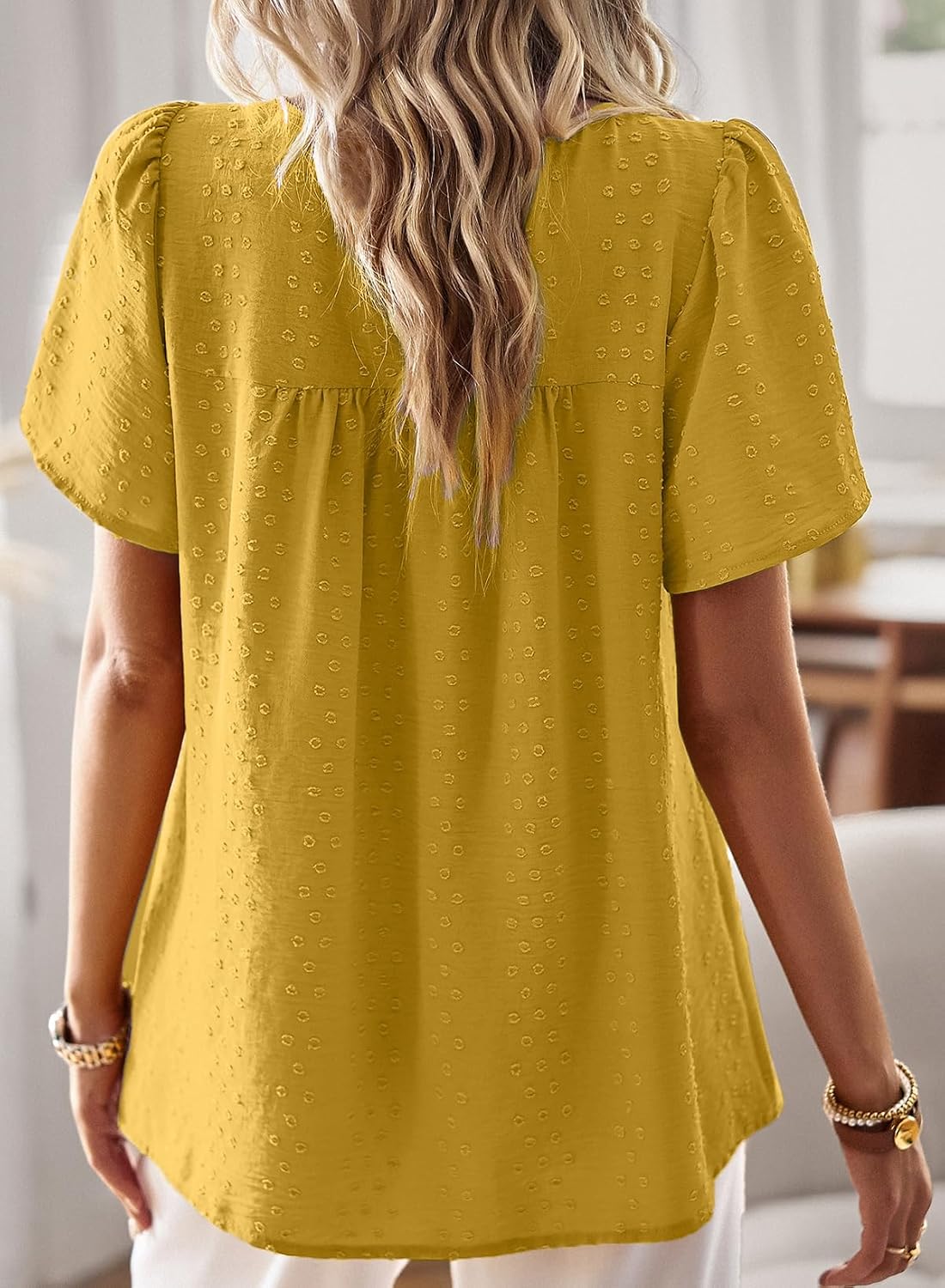 Detalle de Falechay Boho Tops for Women Swiss Dot Babydoll Blouse with Lace Hem