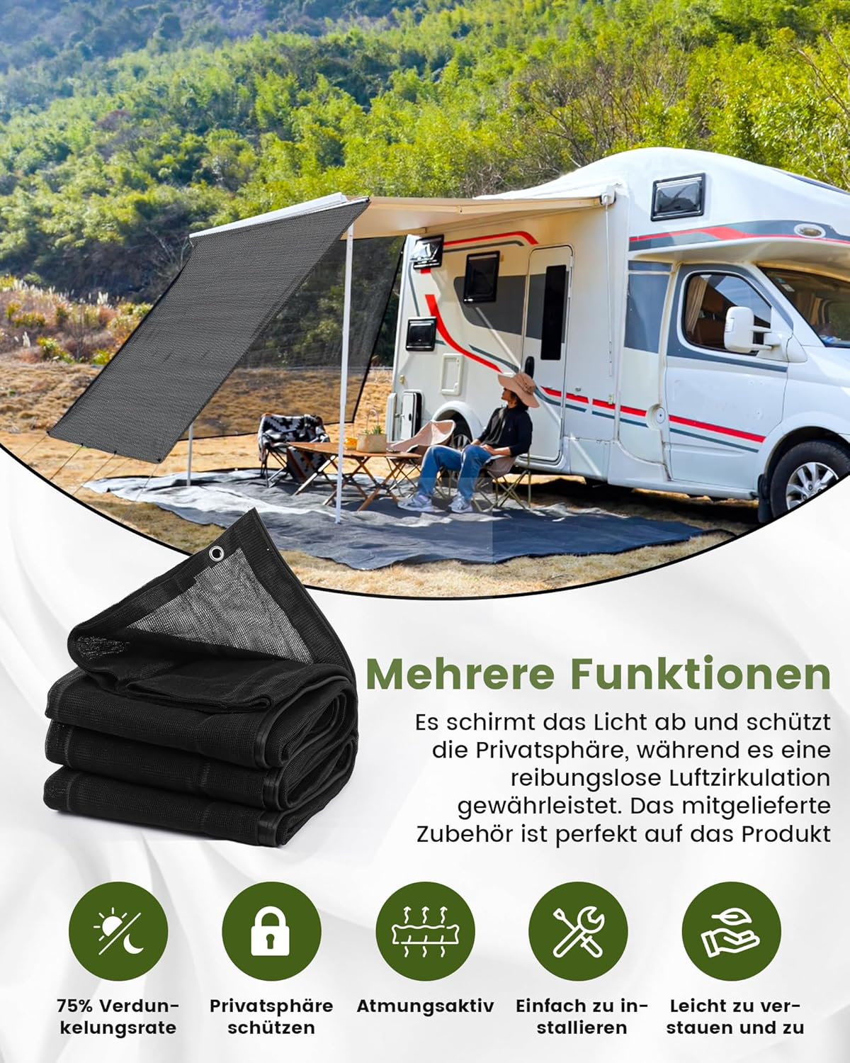 Detalle 2 de FoundGo Sonnenschutz Markise Wohnmobil 200 x 430 cm – Sunblocker Vorderwand mit Keder, 220 g/m² HDPE, 75% Sichtschutz