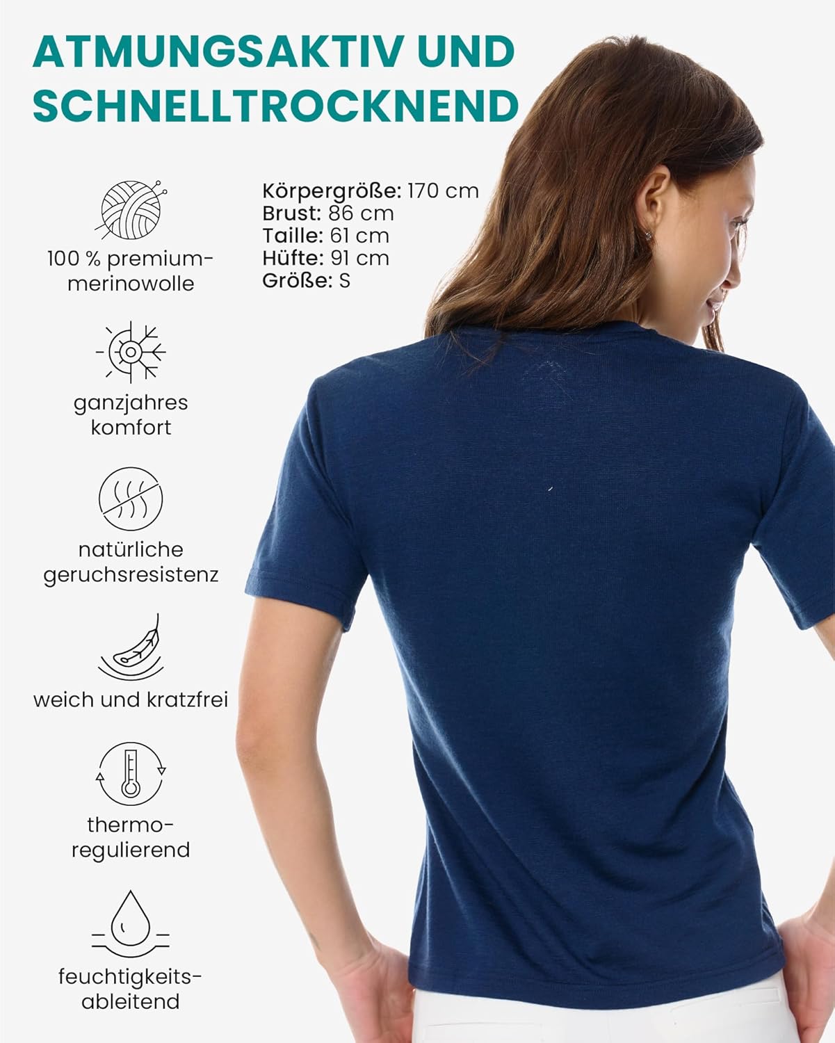 Thumbnail 1 de 100% Merino Shirt Damen V-Ausschnitt – Merino Unterwäsche Damen, schnelltrocknend, atmungsaktiv