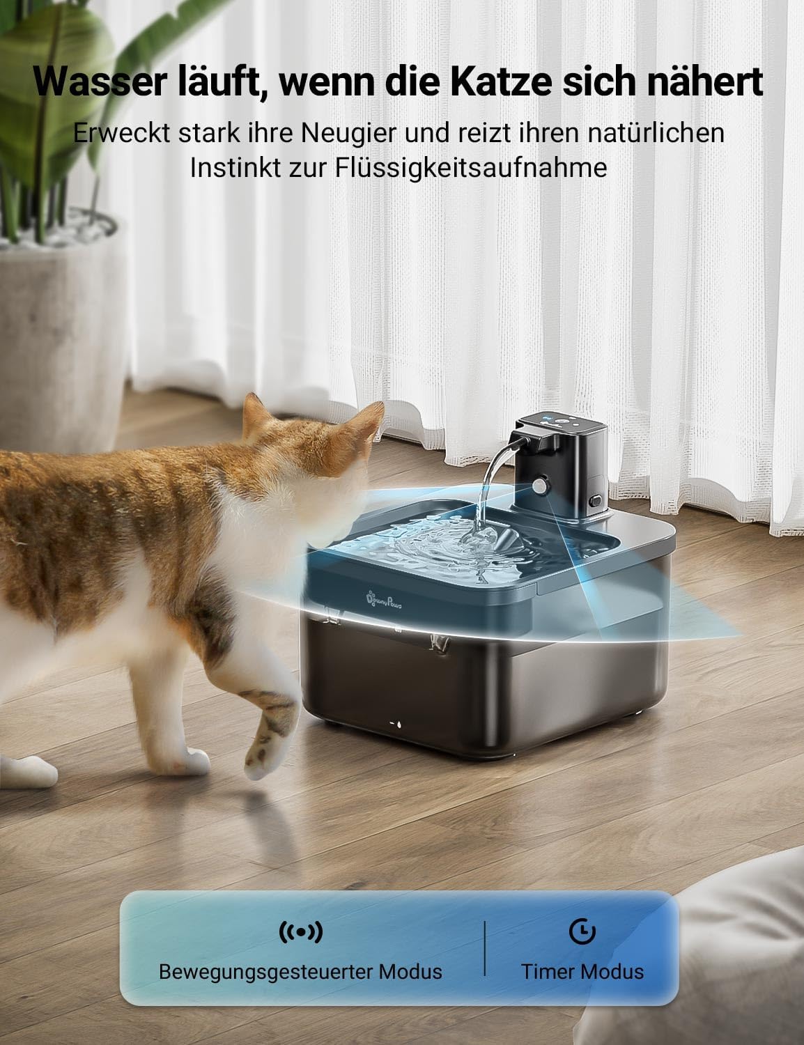Detalle de DownyPaws Katzenbrunnen Kabellos – 2,5 L batteriebetrieben, Bewegungsmelder und leiser Trinkbrunnen für Katzen