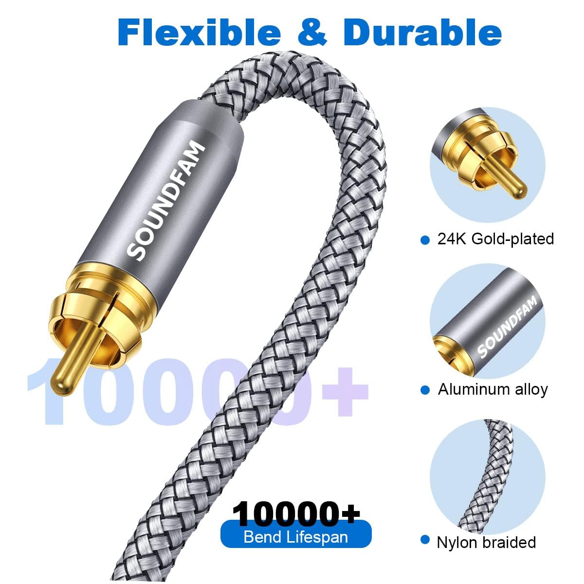 Thumbnail 5 de SOUNDFAM High-Performance RCA Subwoofer Cable 1m – 24K Gold Plated, 75Ω Coaxial, Dual Shielding