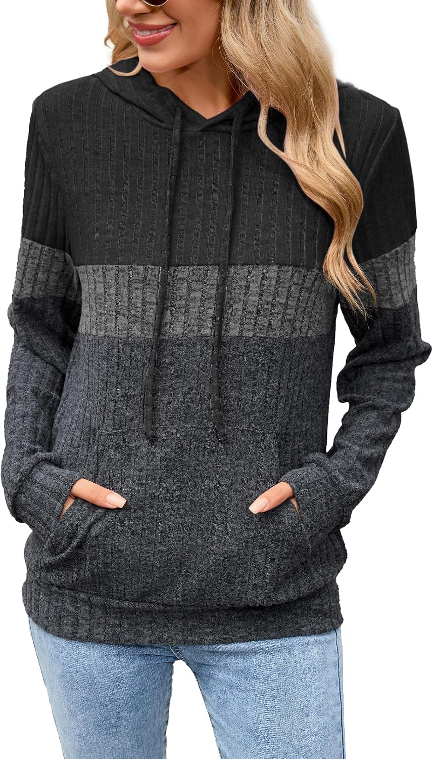 Detalle de Famulily Knit Hoodie for Women UK – Colour Block Ribbed Jumper with Pocket