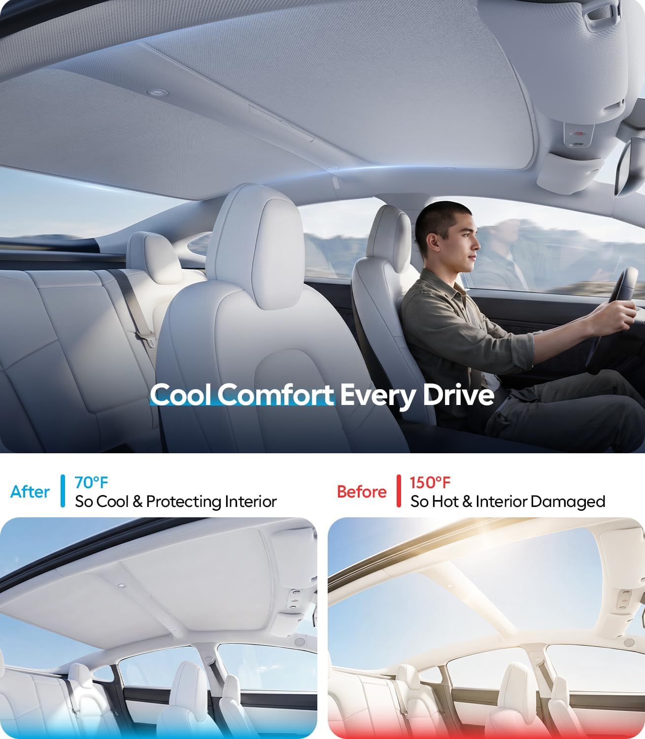Detalle 2 de Wigoo Tesla Model 3 Roof Sunshade (Built to fit, thermal insulation) for 2020–2026 Highland, gray interior