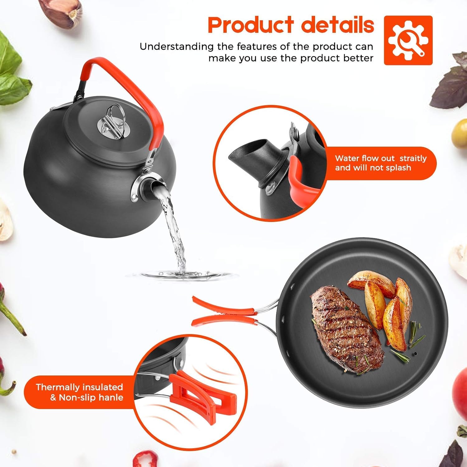Detalle de Aandyou Camping Cookware Kit (13-piece) for 2–3 people: non-stick pot, pan & 0.8 L kettle