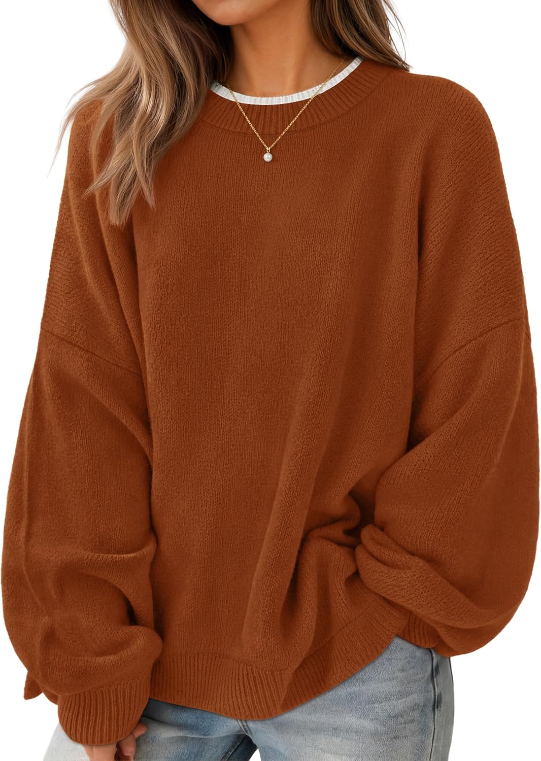 Detalle de ZESICA Oversized Women's Crewneck Sweater with Lantern Sleeves and Contrast Trim