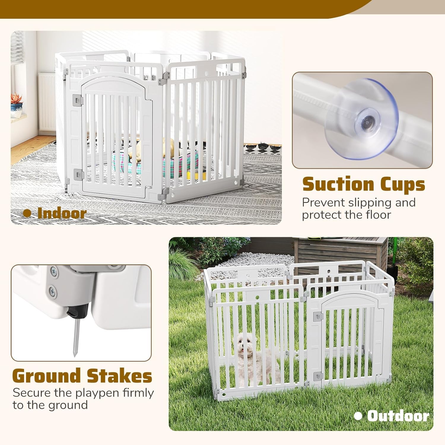Detalle de Parc pour chien GOPLUS en plastique pliable – 6 panneaux, 129 x 65 x 81 cm, porte verrouillable, intérieur/extérieur, blanc