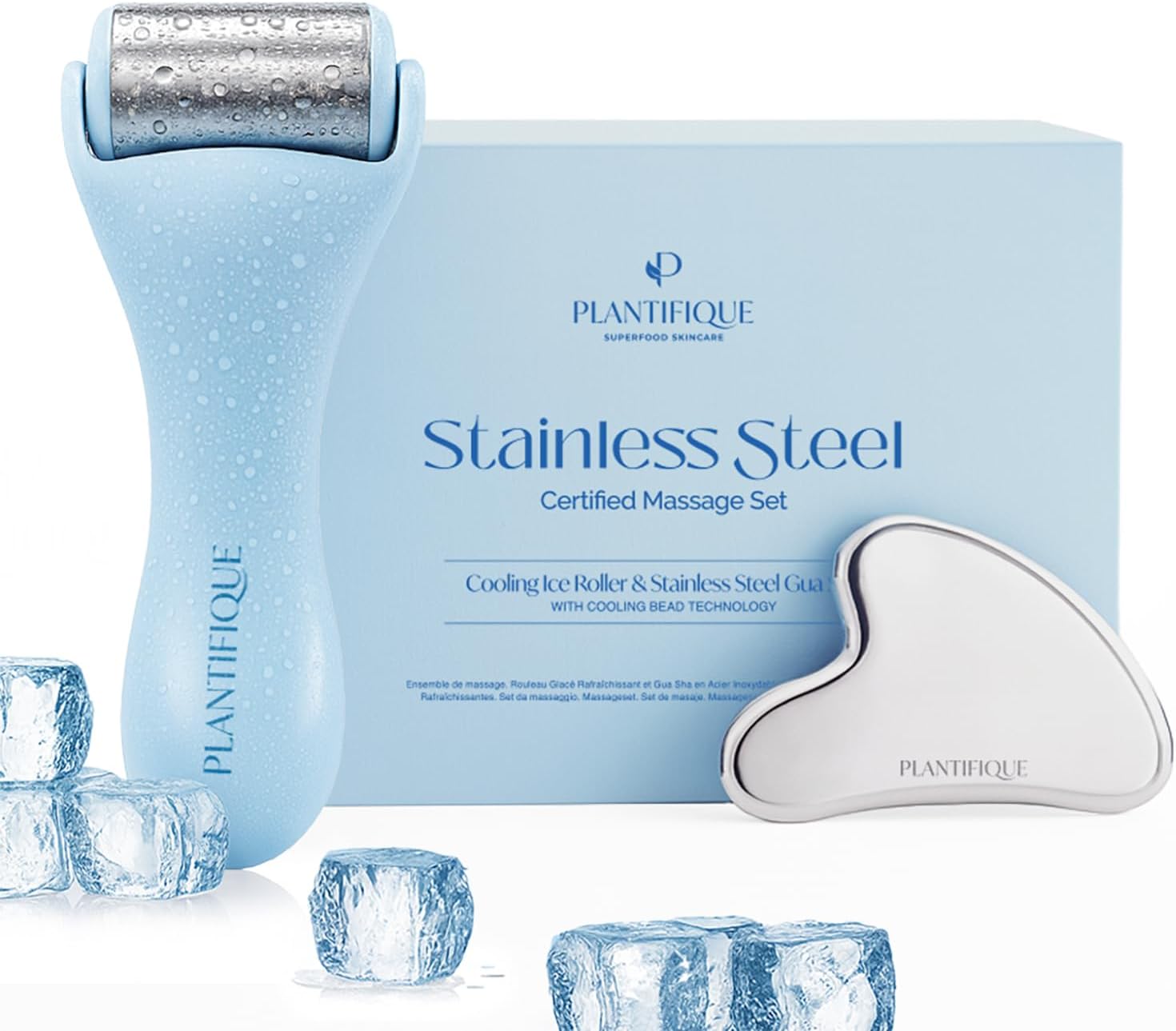 PLANTIFIQUE Ice Roller & Gua Sha Edelstahl-Set für Gesichtsmassage – kühlender Beauty-Tool zur Lymphdrainage & Hautstraffung