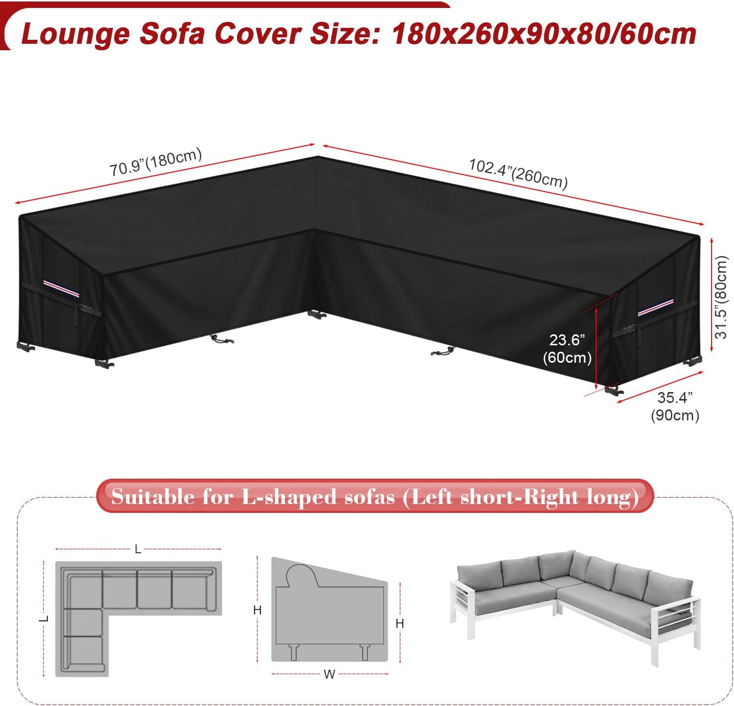 Thumbnail 1 de LAMUNI L-Shaped Garden Furniture Cover: 180x260x90x80/60cm, Waterproof 420D Oxford with UV Protection