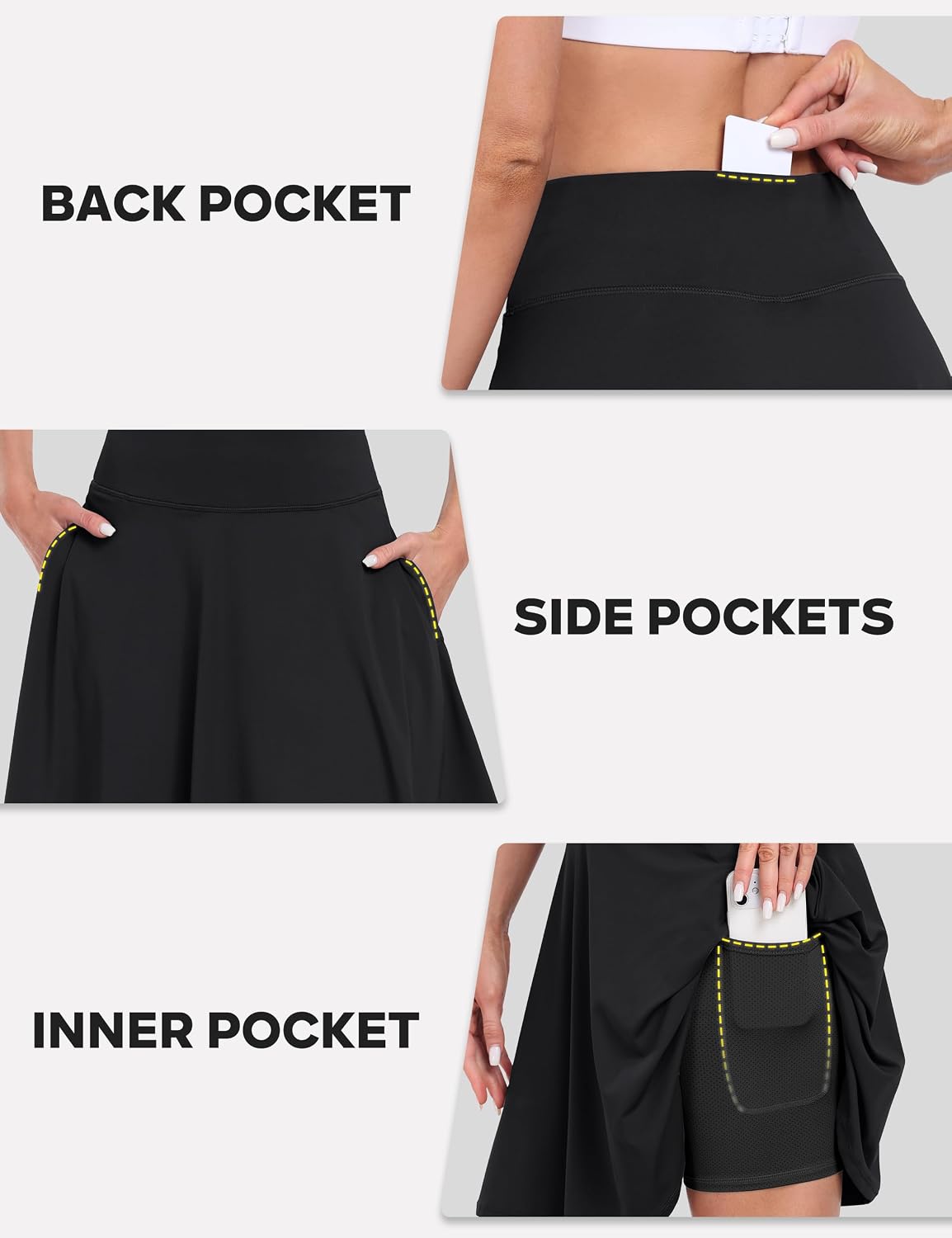Detalle de Desol Tennisrock Damen mit Hose (50 cm) & 4 Taschen – Knielang mit hoher Taille und verstellbarem Zugband