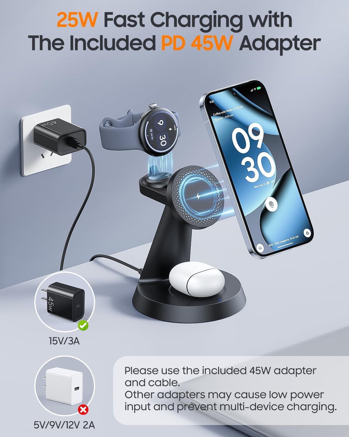 Detalle de Meifigno 25W 3-in-1 Charging Station for Pixel Watch 5/4, Magnetic Stand