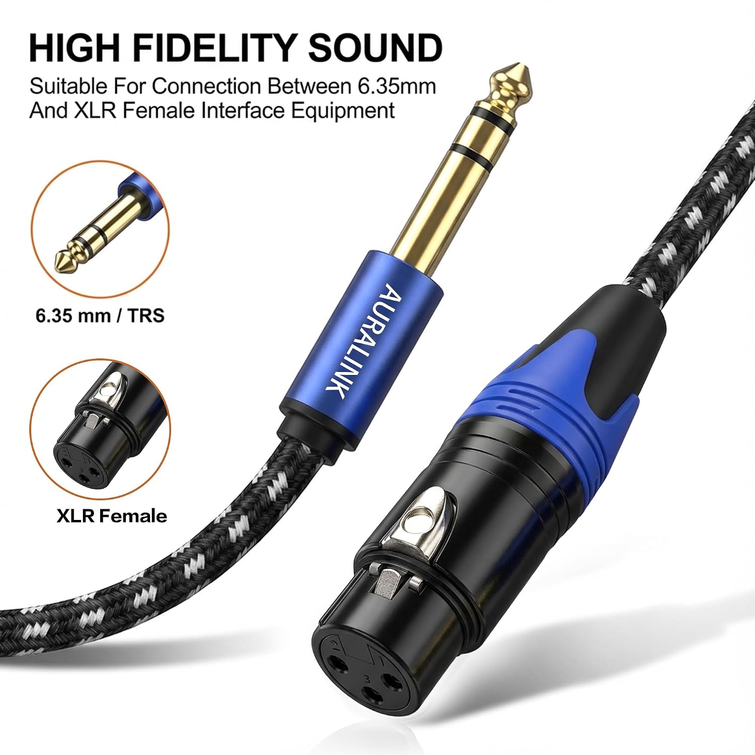 Detalle de AURALINK XLR Female to 1/4 Inch TRS Cable (6.35mm) – Braided, Balanced Microphone Cable, 1m