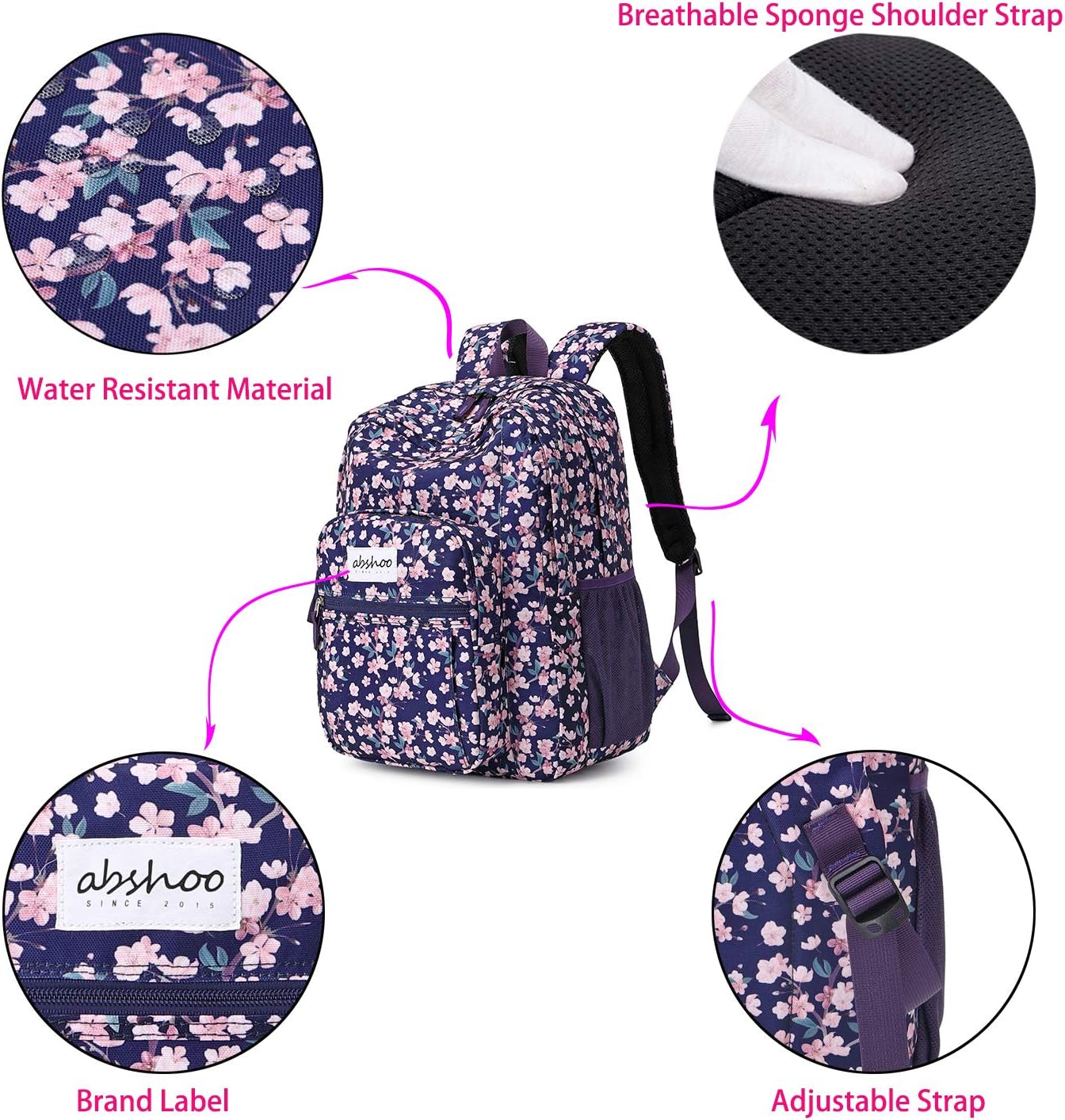 Thumbnail 2 de abshoo Floral School Backpack for College Teens — Water-Resistant, Dual Main Compartments (Floral Purple)
