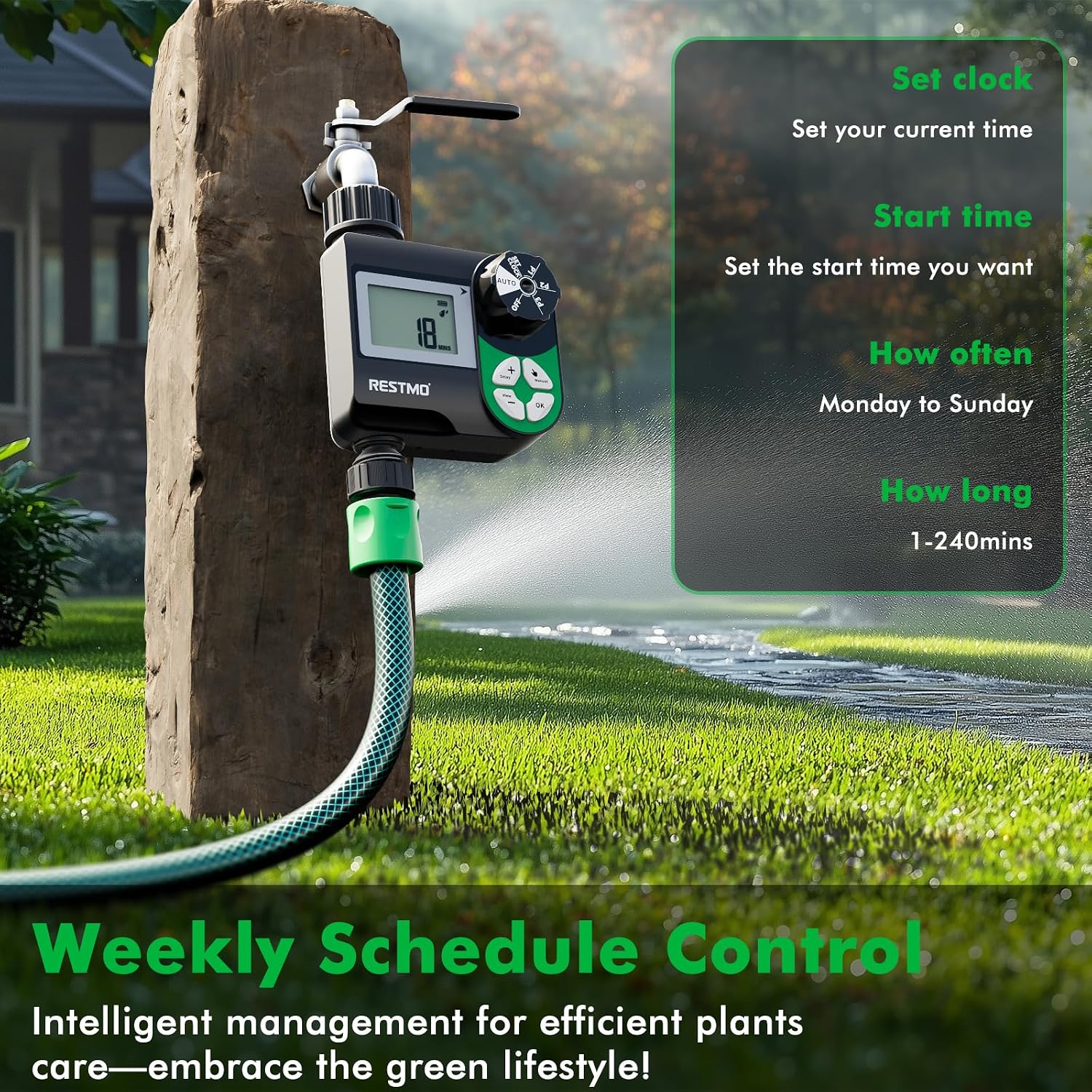 Detalle de RESTMO Water Timer with 3 Separate Programs – 7-Day Programmable Hose Timer for Garden Irrigation